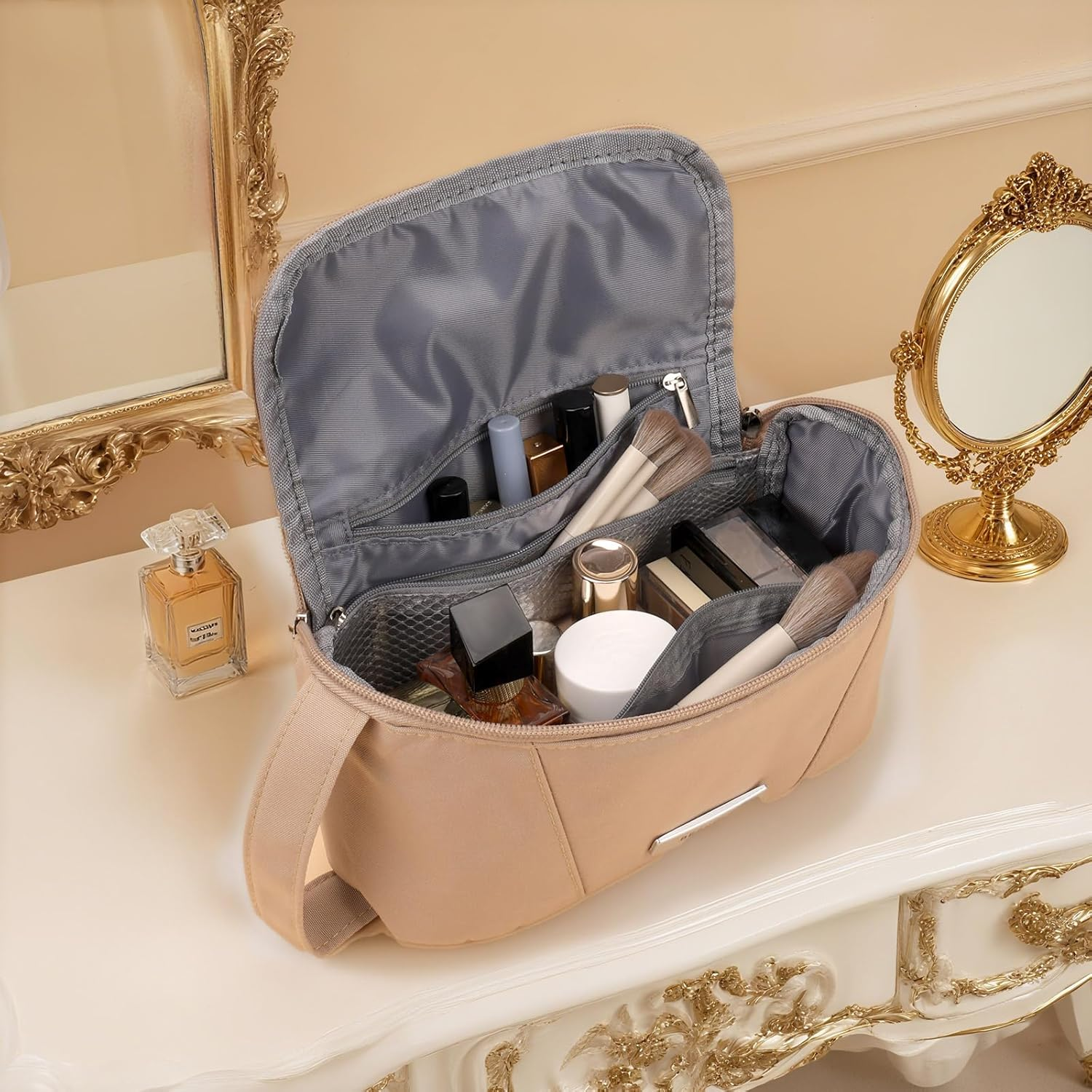 Supcomsta Makeup Bag,Large Capacity Storage Cosmetic Bag Waterproof for Women Travel Toiletry Bag Skin Care Cosmetics Toiletries (Khaki) - Pink image number 4