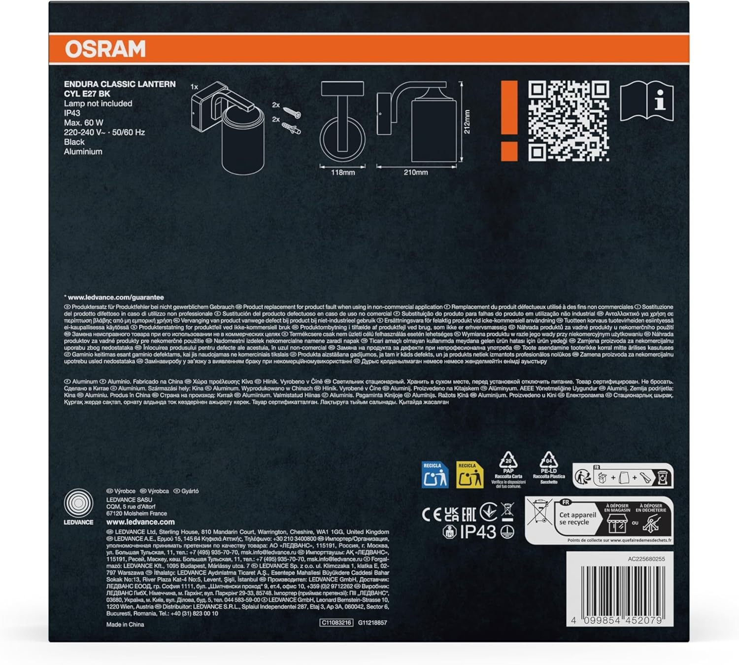 OSRAM Endura Classic Wall Light, Black, E27, IP43, Aluminium Housing, Glass Diffuser, Suitable for Outdoor Use, Bulb Not Included image number 3