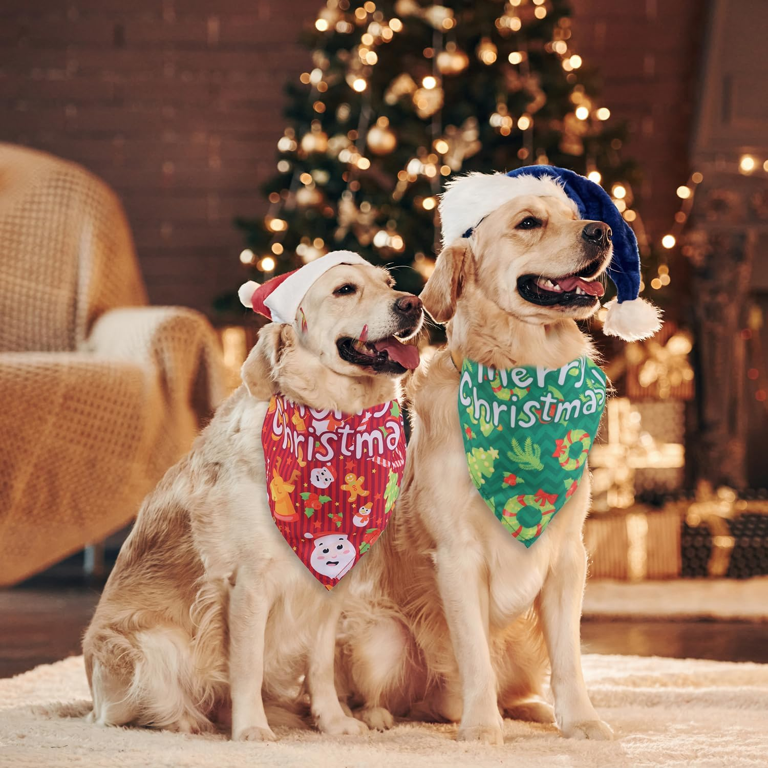 2Pcs Christmas Dog Bandannas, Merry Christmas Plaid Print Pet Triangle Scarf Adjustable Washable Holiday Xmas Costume for Small Medium Large Dog & Cat (Style A) image number 1