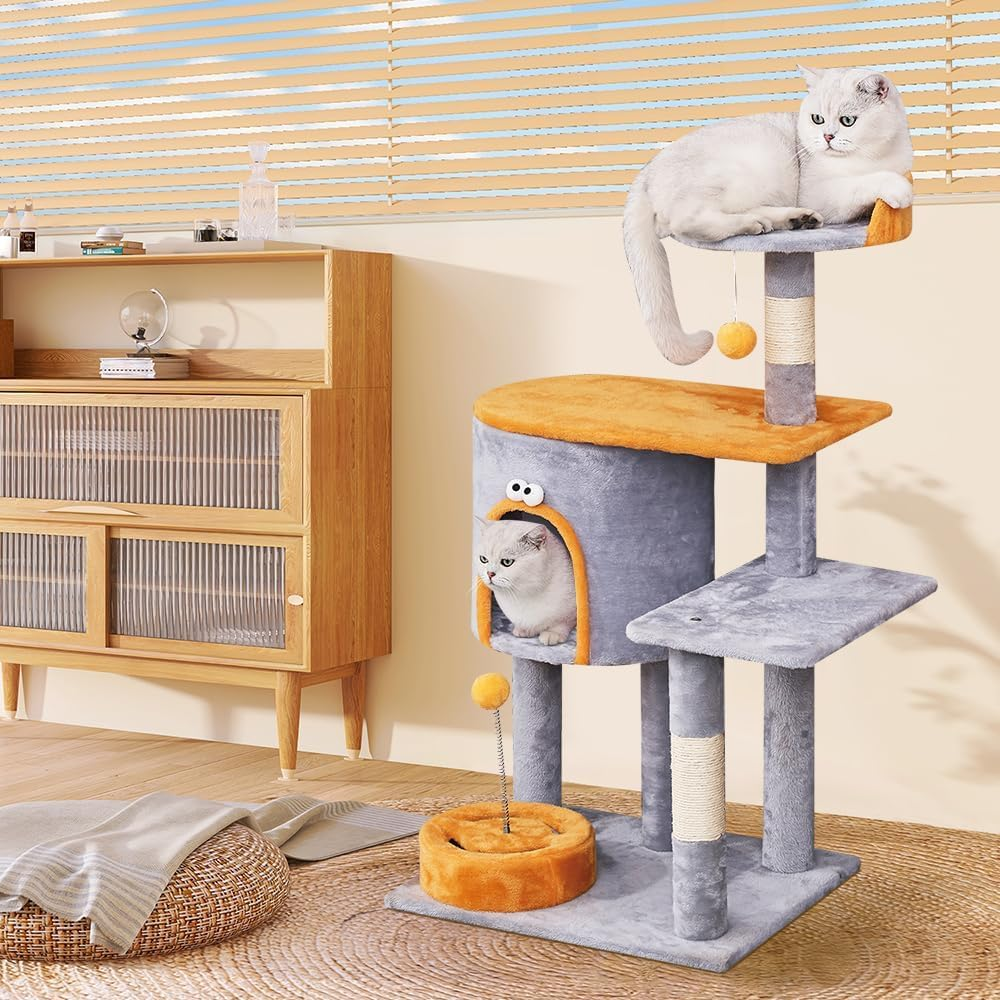 Cat Tree Tower, 95Cm Multi-Level Cat Tree with Sisal-Covered Scratching Posts, Cat Tower with Hanging Balls and Extended Platform for Cats to Play and Sleep (Grey-Cat Tree Tower) image number 4