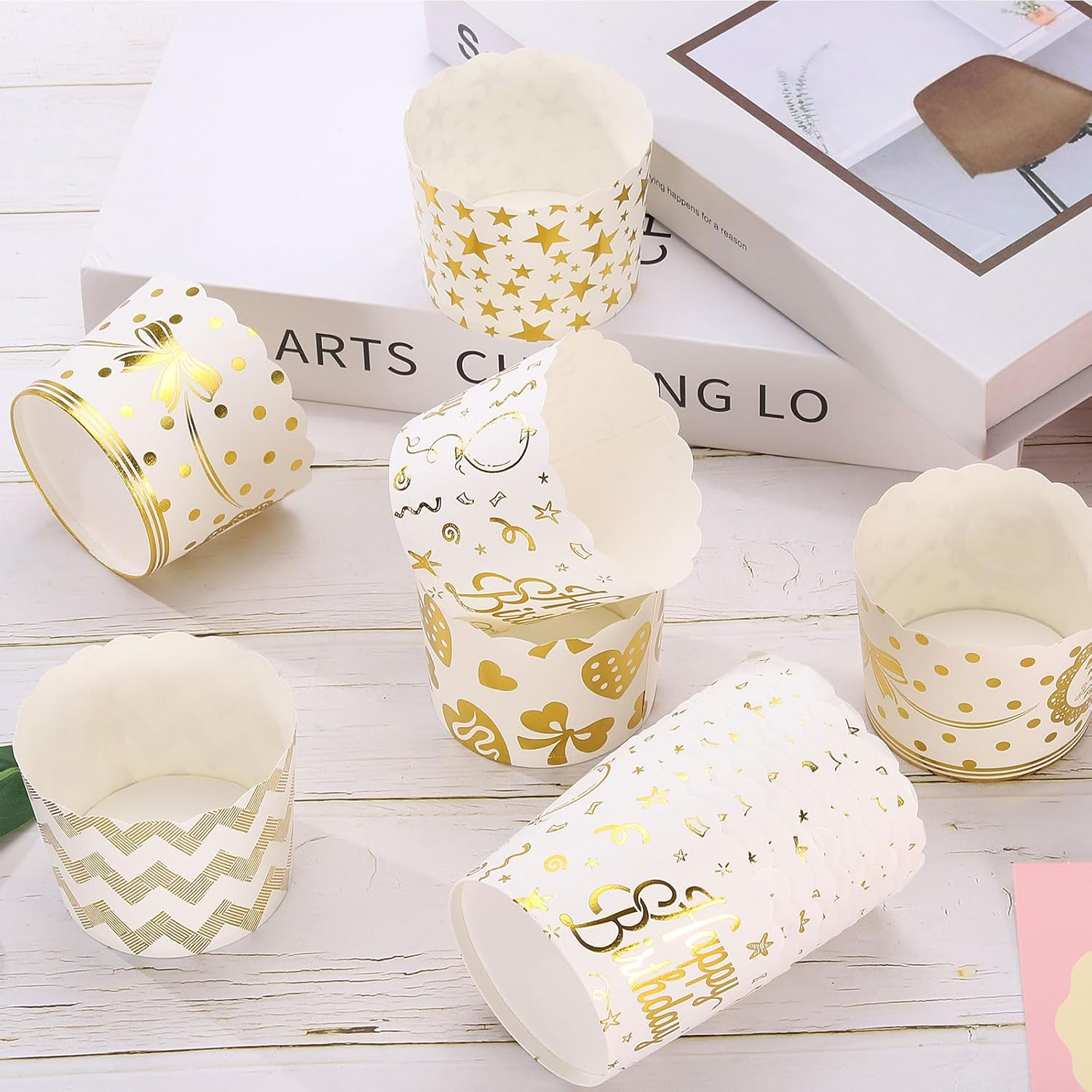 HARFINGTON 100Pcs Paper Baking Cups 6Oz Cupcake Wrappers Scalloped Muffins Cases Liners Disposable Greaseproof Containers for Birthday Party, Gold Wave