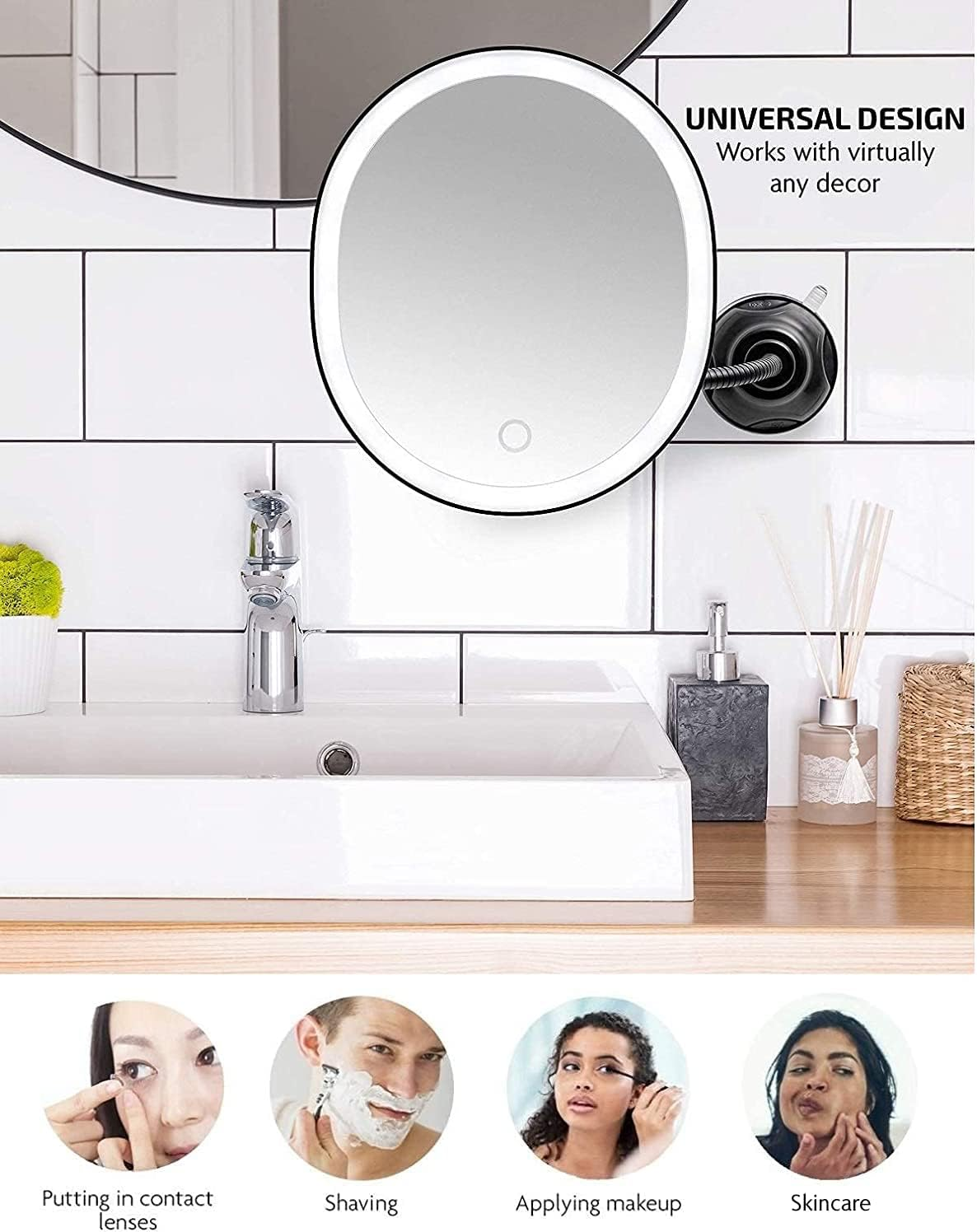 OVENTE 9'' Rechargeable Lighted Wall Mount Makeup Mirror for Bathroom with Mini Magnetic 10X Magnifying Mirror, Touch Screen Dimmable LED Lights, Flexible Gooseneck and Suction Mounting, Black MOW22B image number 5