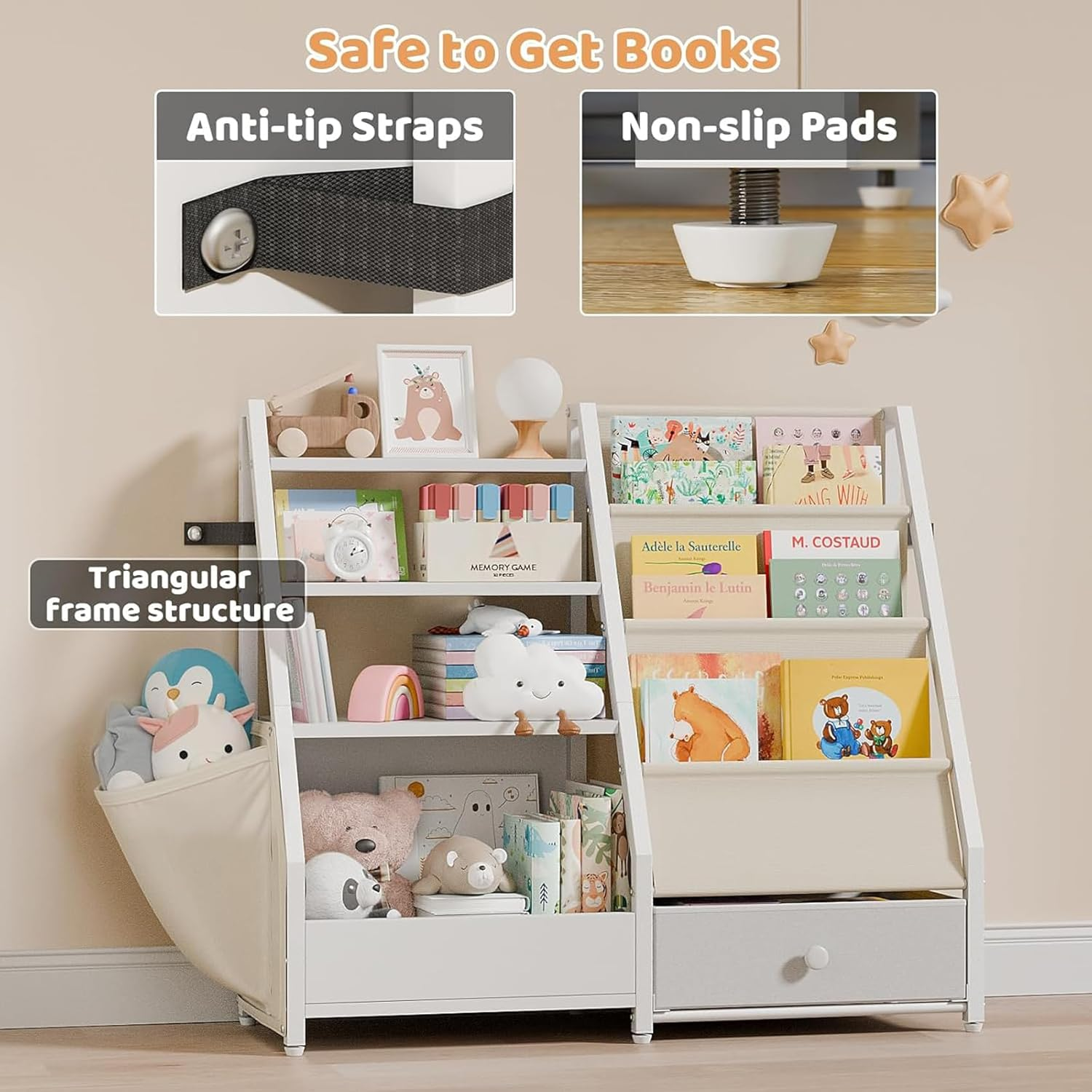 4 Tier Kids Bookshelf and Toy Storage, Toddler Book Display Shelves，Children Bookcase Organizer for Kids Room, Classrooms, Nursery, Bedroom, White, 85 * 30 * 75Cm image number 6