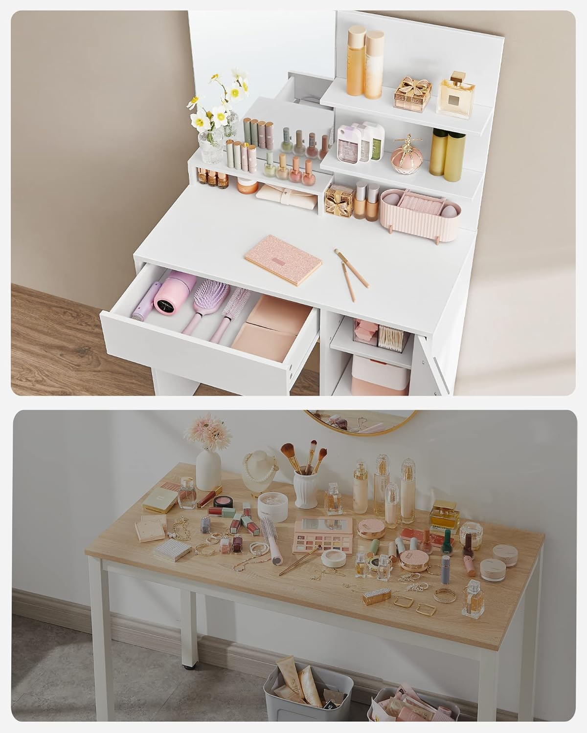 VASAGLE Dressing Table, Makeup Vanity Desk with Mirror, 1 Drawer, 2 Shelves, Storage Cabinet, Makeup Organiser, White Vanities RDT119W01 image number 4