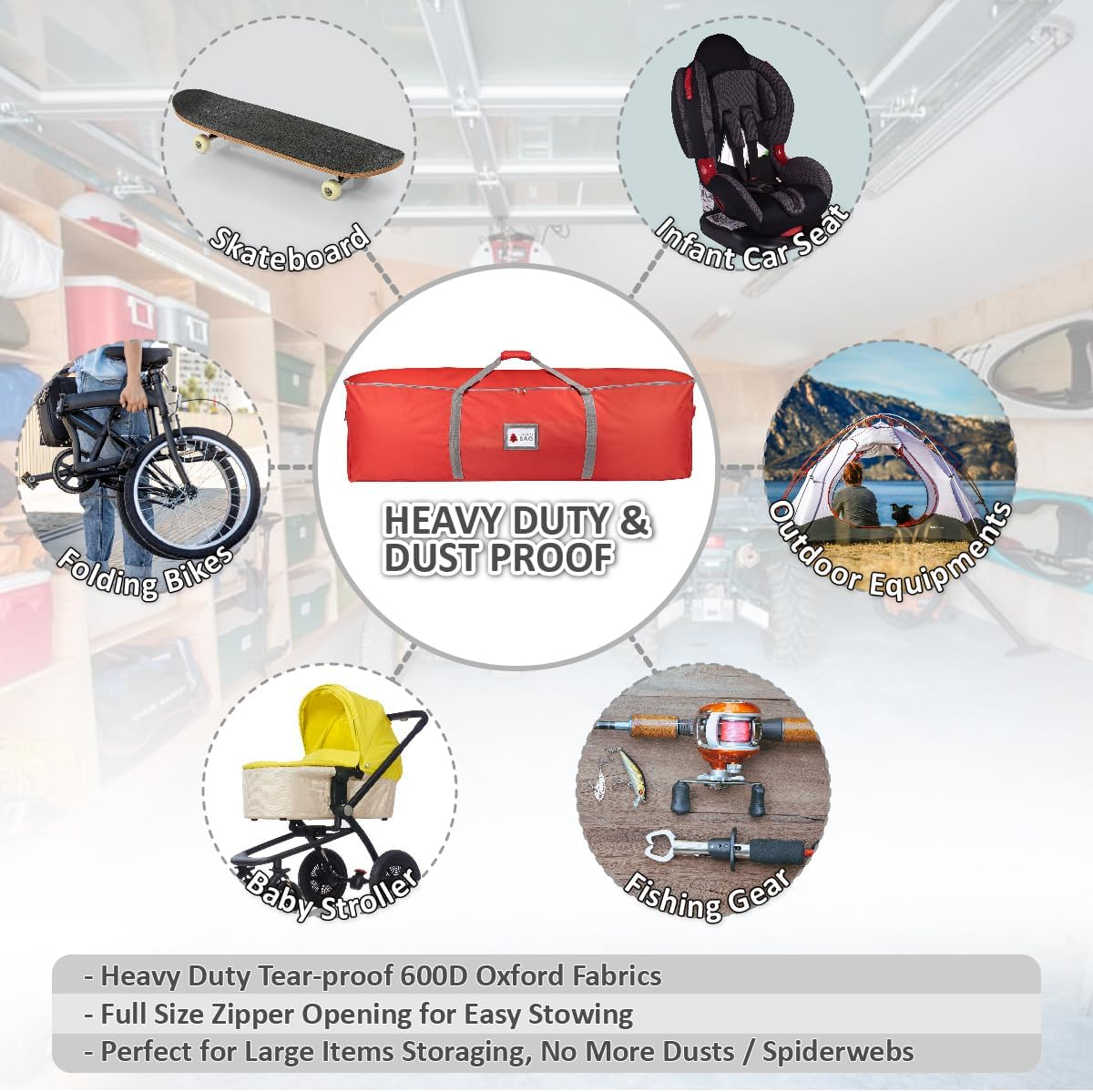 Heavy Duty Oxford Christmas Tree Storage Bag with Extra Padded Handles| Waterproof Oxford Artificial Tree Storage Bag | 51" L X 16" W X 16" H, ID Card Included (Red)