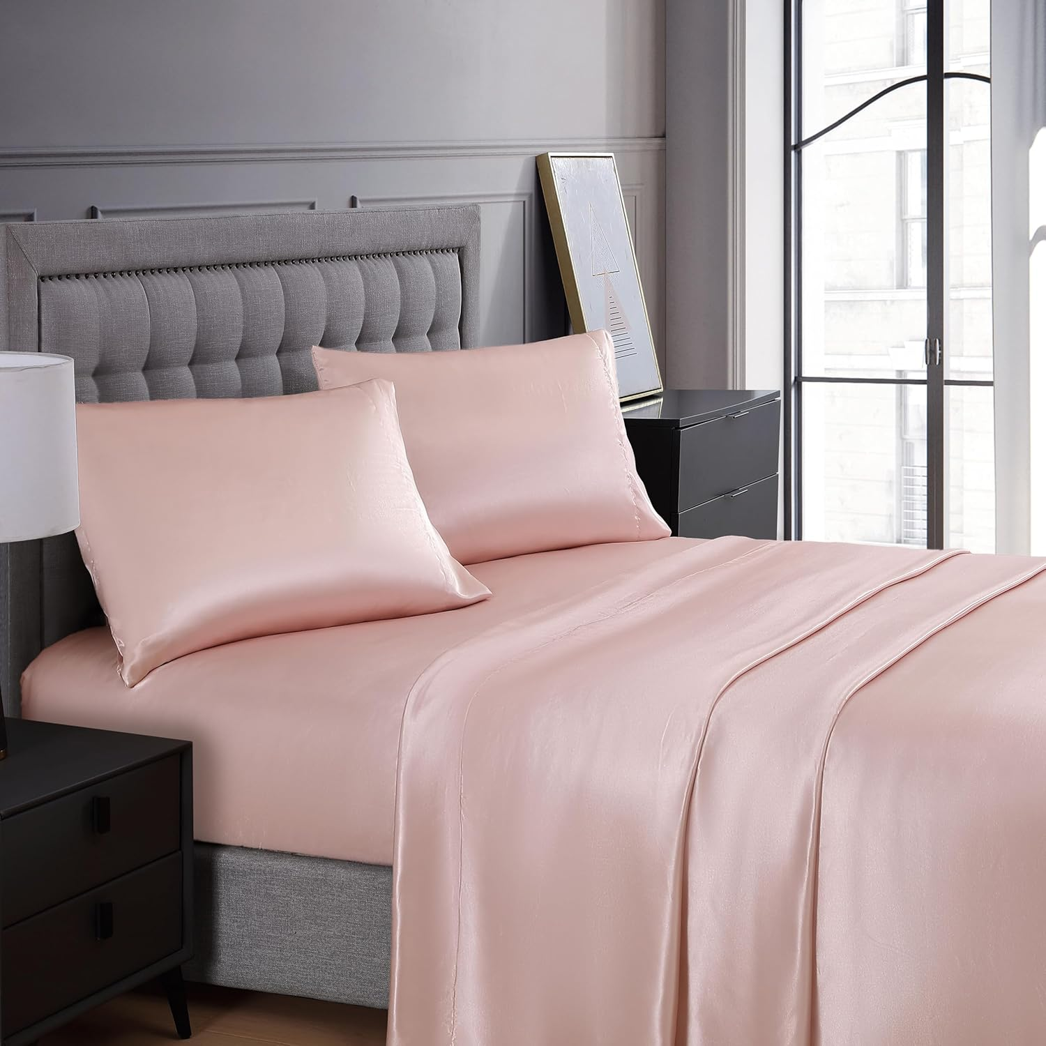 Beatrice Home Fashions 100% Luxury Satin Polyester Bed Sheet Set, Queen Size, Floral Rose Bedding