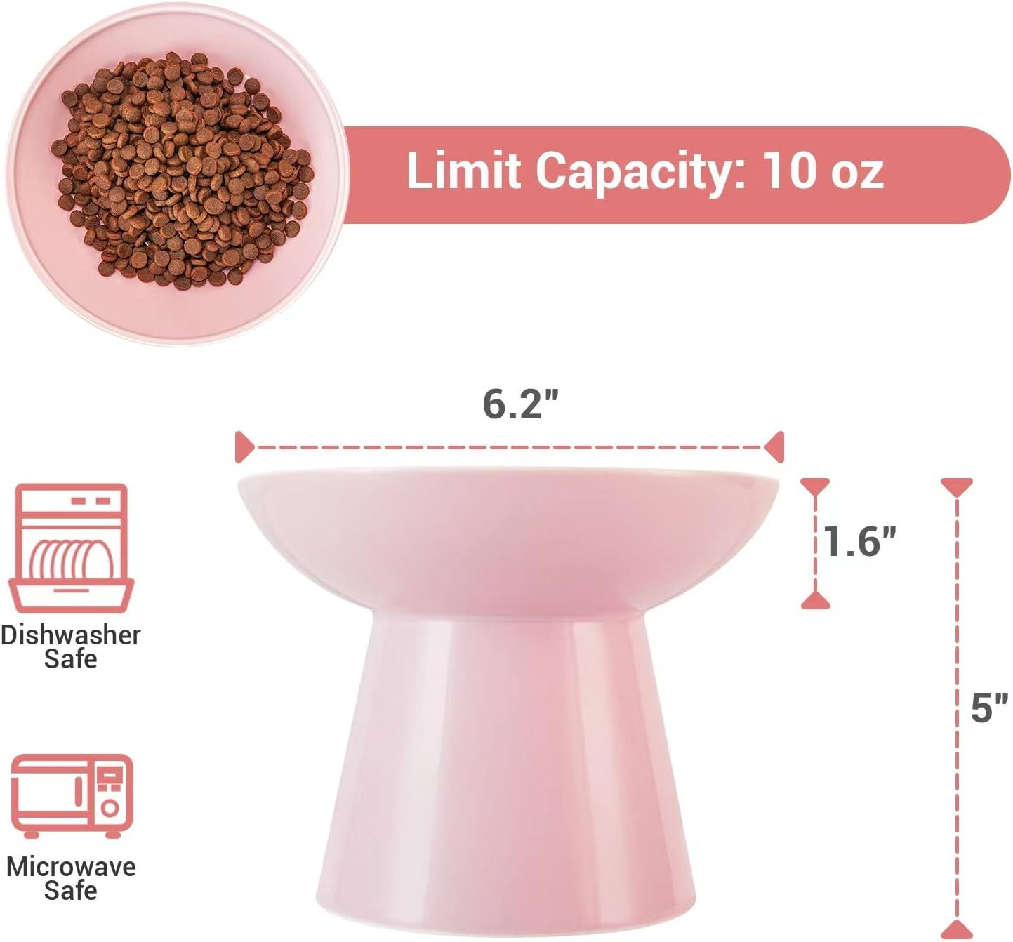Extra Wide Elevated Cat Bowls - Ceramic Food Bowl 6.2" Raised, Shallow Dish for Whisker Fatigue, Lead & Cadmium Free, 5" Good Height for Feeding - Pink image number 6