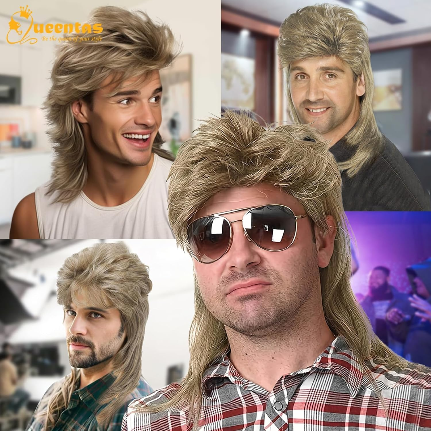QUEENTAS Dirty Blonde Mullet Wigs for Men 13 Inch Heat Resistant Synthetic Curly Hair for 80S Costumes Fancy Party Accessory Cosplay image number 2