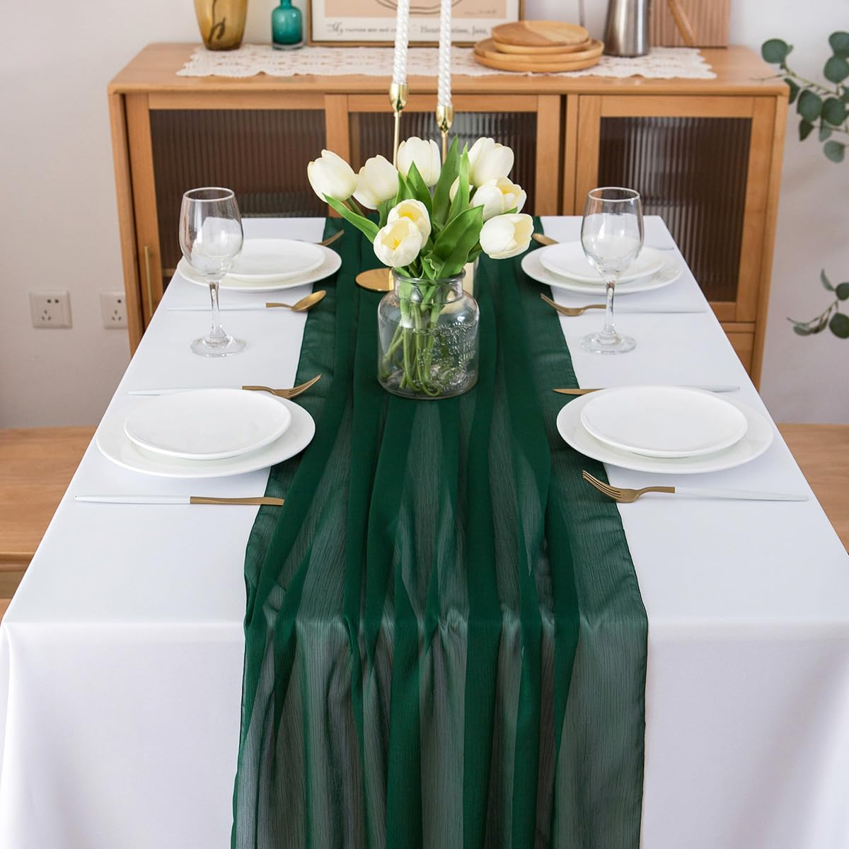 CHUQING Table Runner Dark Green Chiffon Long Table Runners 27X120 Inches Sheer Wedding Runner image number 5
