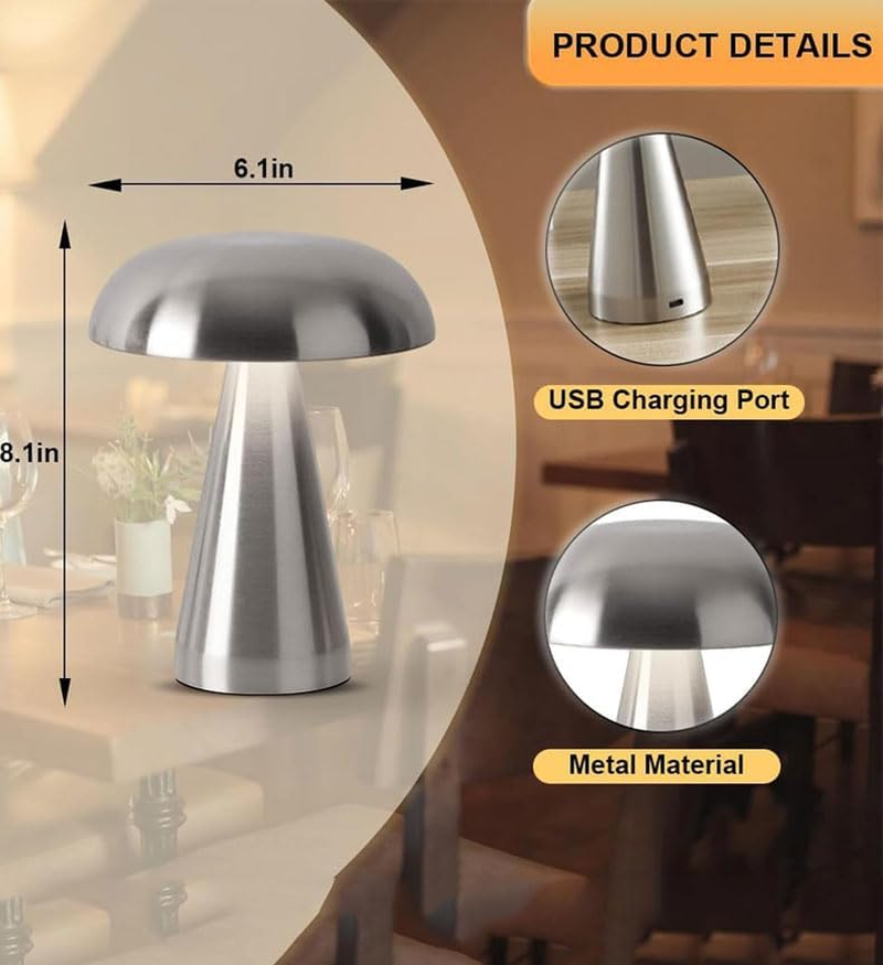 Mushroom Table Lamp Portable Cordless LED Desk Light USB Rechargeable 3 Color Dimming Decorative Metal Bedside for Bedroom Living Room Study Office Energy Saving - Silver image number 6