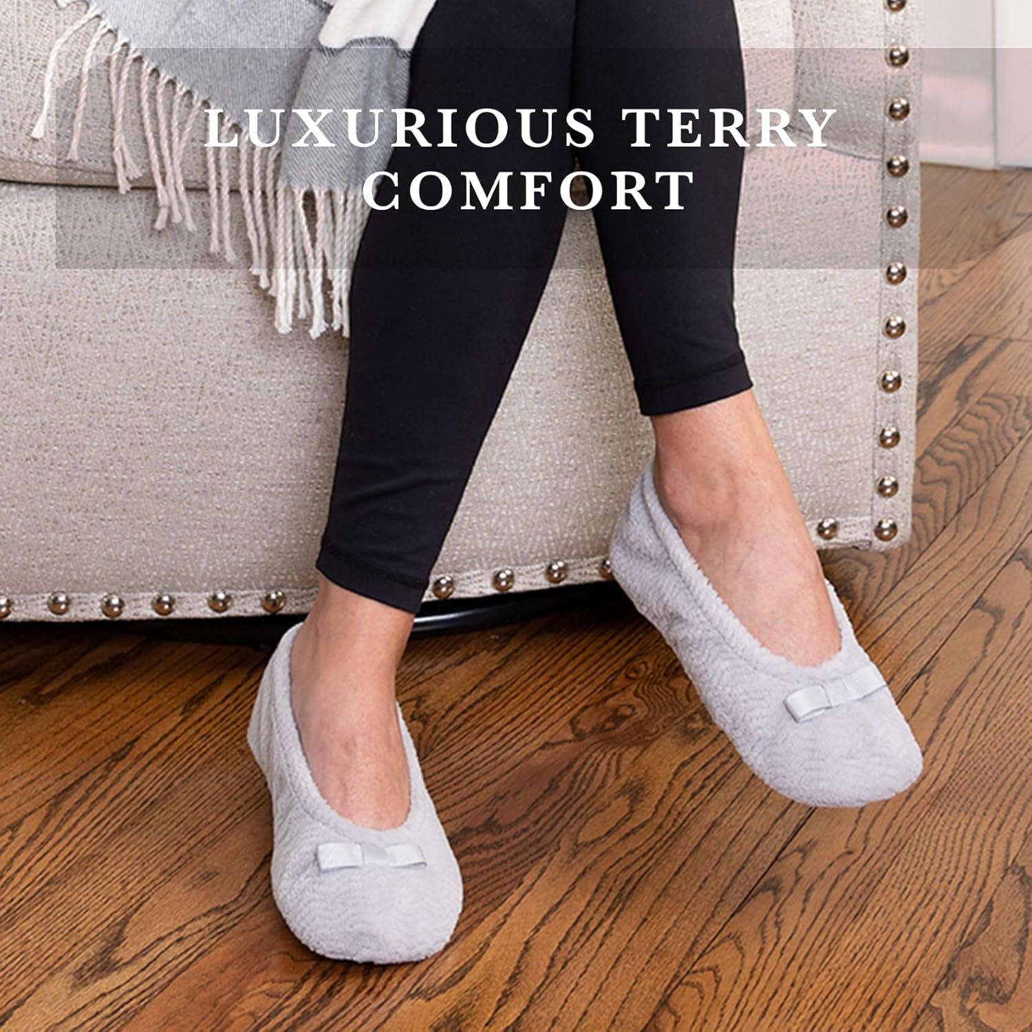 Isotoner Women&rsquo;S Chevron Microterry Ballerina Slippers image number 2