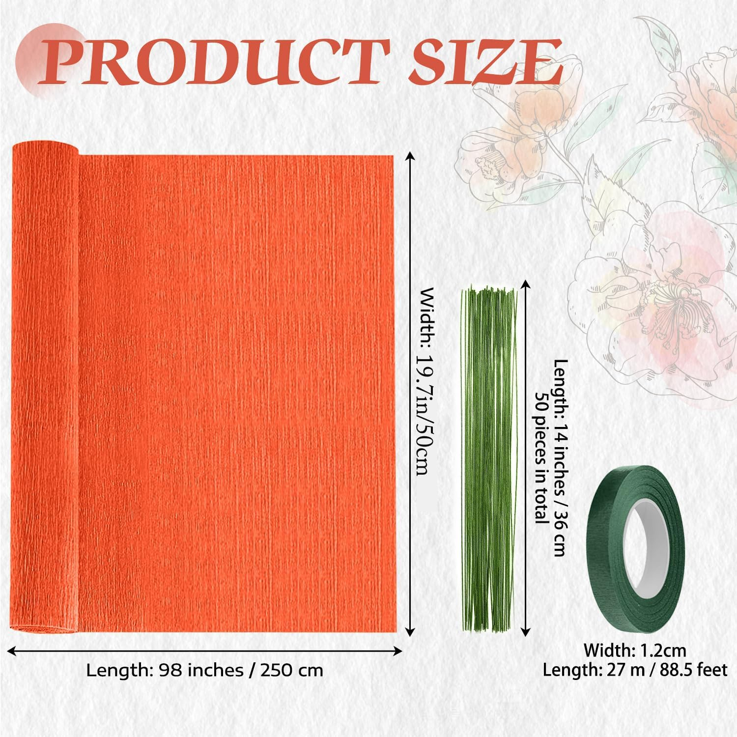 Crepe Paper - 6 Rolls, Red, 10 Inch Wide, Streamers, Flower Making Kits, Green Floral Tape and Floral Stem Wire for Wedding, Festival, Party, DIY Flower Crafts image number 1