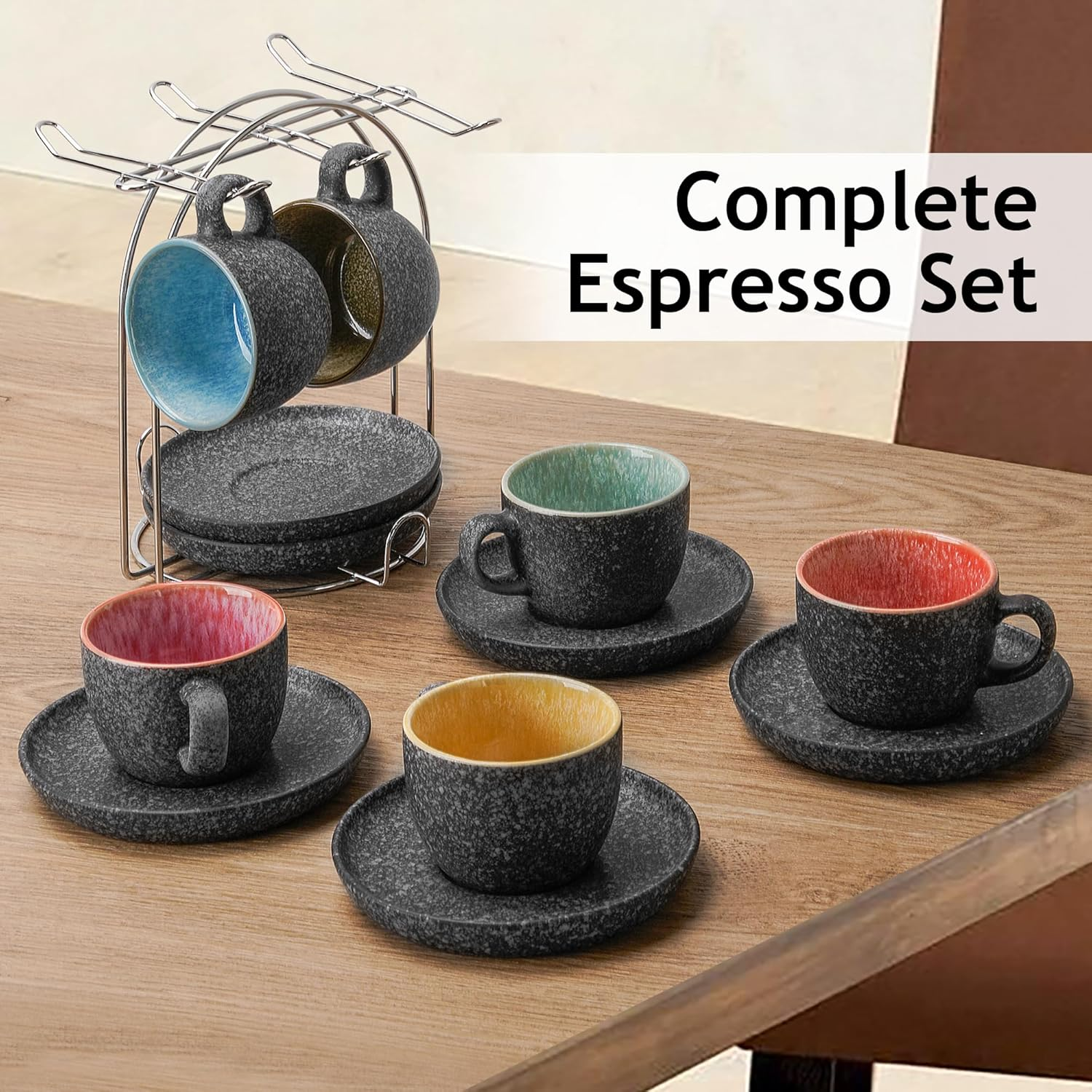 MIAMIO &ndash; 80 Ml Ceramic Stackable Espresso Cups with Saucers and Metal Stand, Set of 6 Espresso Cup, Demitasse Cups, Coffee Mugs for Espresso, Latte, Caf&eacute; Mocha & Tea &ndash; Las Palmitas Collection image number 1