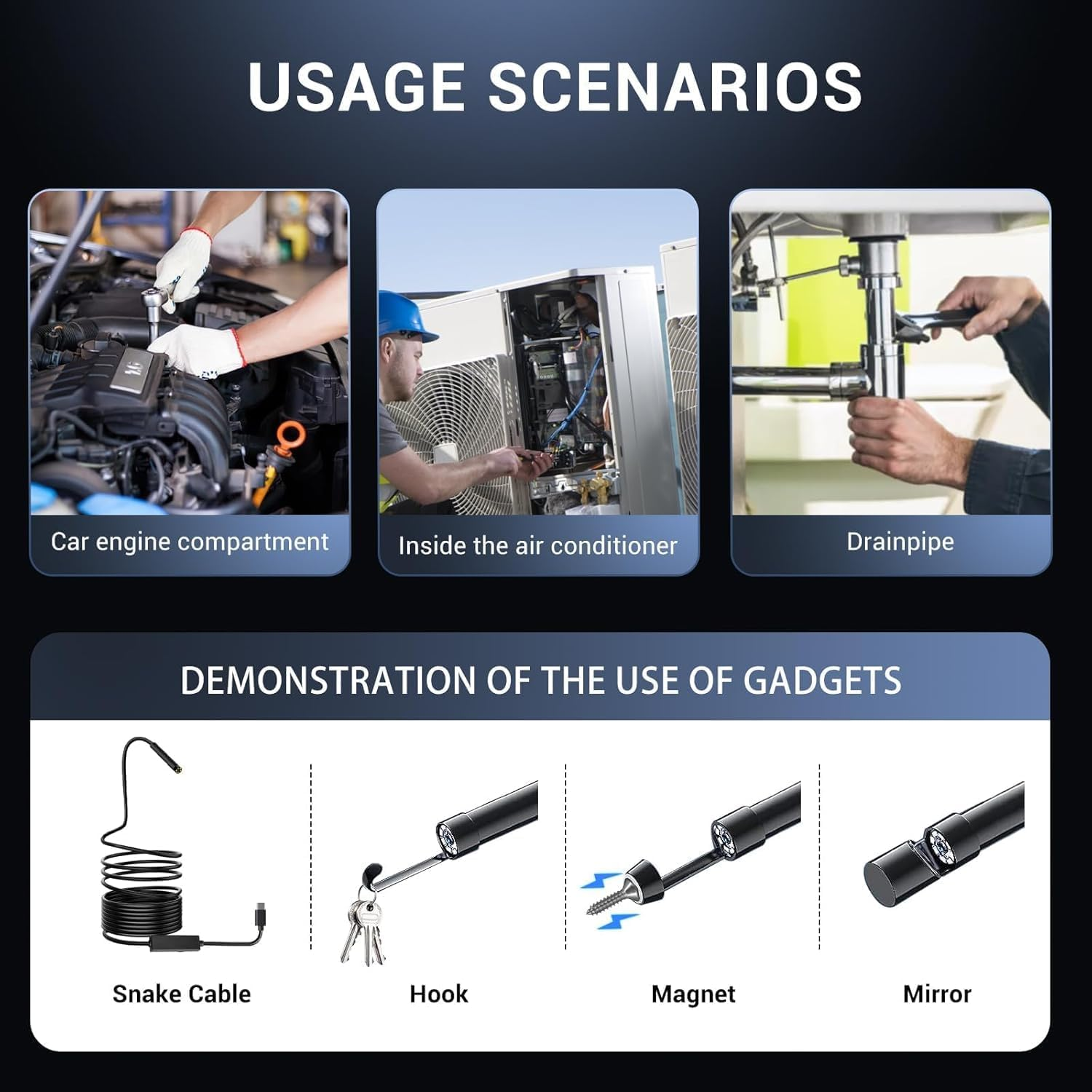 Deraweey Endoscope Camera with Light, Industrial Endoscope, 8Mm 1920P HD IP67 Waterproof Borescope with 8 Adjustable LED Lights, Inspection Camera for Iphone, Ipad and Android Devices（16.5Ft） image number 6