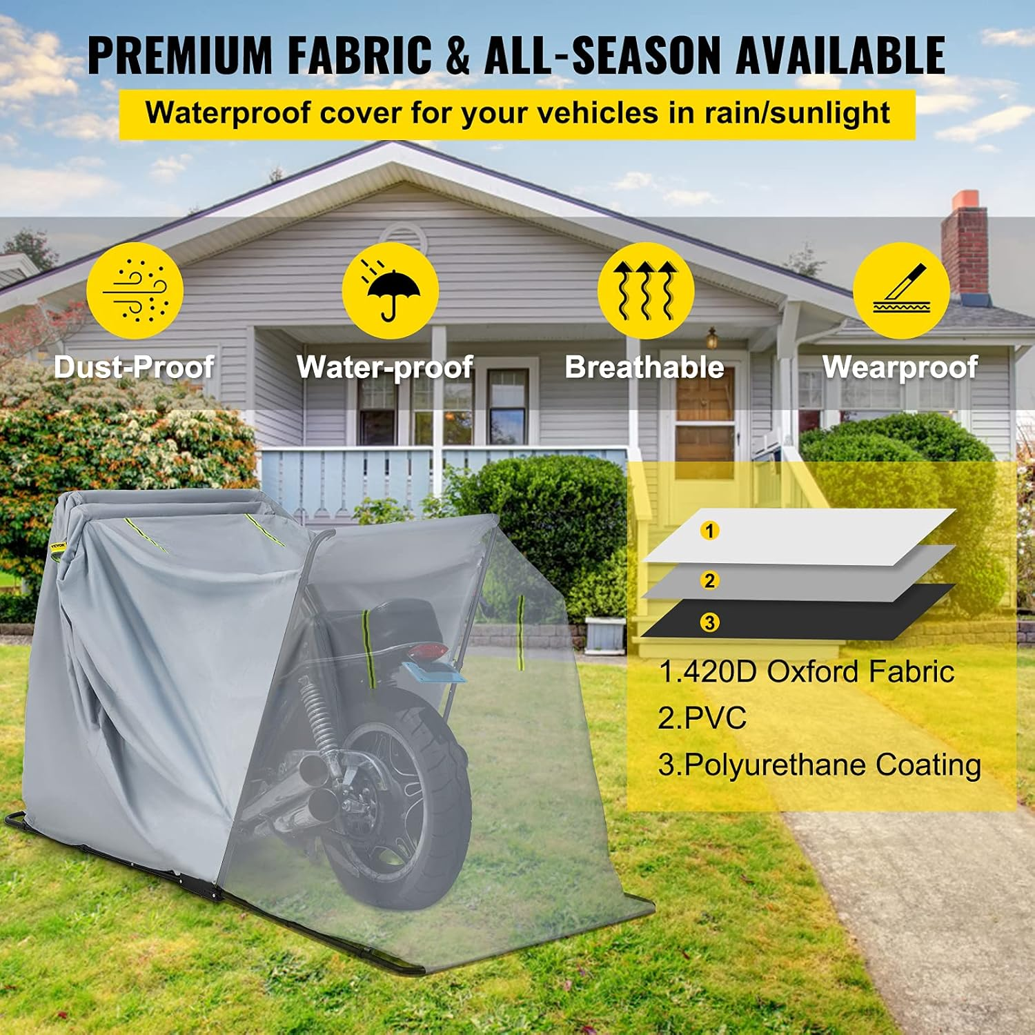 VEVOR Motorcycle Shelter, Waterproof Motorcycle Cover, Heavy Duty Motorcycle Shelter Shed, 420D Oxford Motorbike Shed Anti-Uv, 133.9"X53.9"X76.8" Grey Shelter Storage Garage Tent W/Lock & Weight Bag image number 2