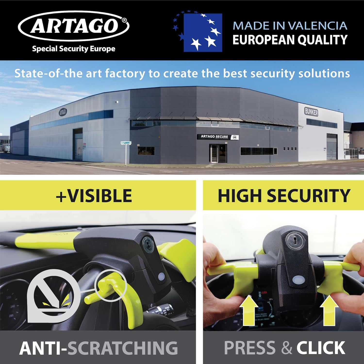 ARTAGO 870 High-End Steering Wheel Lock 2In1 without or with 120Db Alarm + Don'T Touch Warning, Visible and Deterrent High Security, Universal anti Theft Bar Locking Device for Car, Truck, Van, Camper image number 2