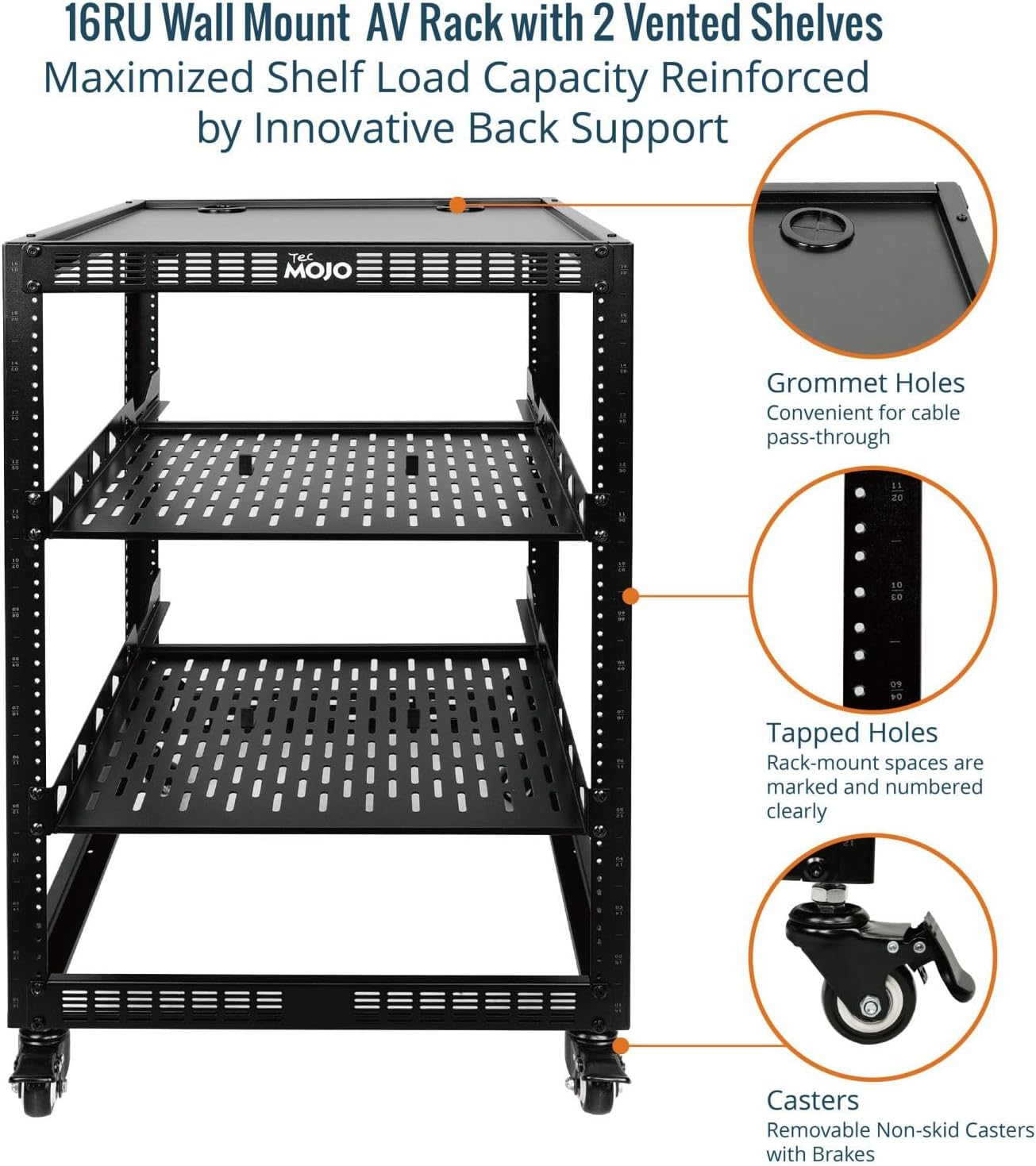 16U Open Frame Network Rack for IT &AV Gear, 16RU AV Rack 4-Post with Mobile Casters and 2 PCS Vented 19'' Front Mounting Rack Shelf with Rear Supporting Ears and Anti-Slip Stops & Mounting Hardware image number 4