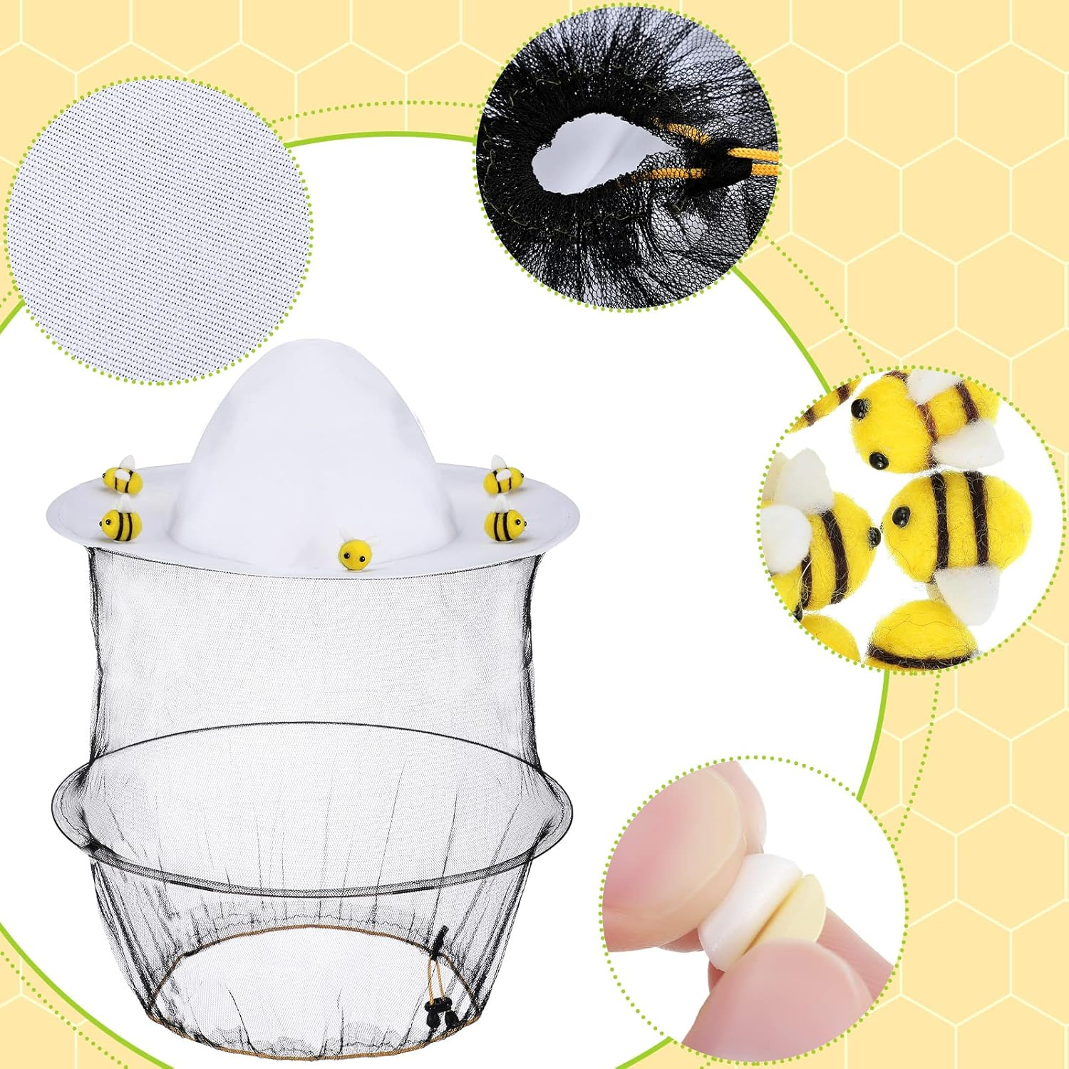 Unittype 22 Pcs Beekeeper Set Including 2 Bee Hat and Veil, 10 Wool Felt Bee, 10 round Double Sided Tape Beekeeping Helmet Bug Insect Hats with Netting for Beekeeper Catcher Halloween Costume image number 3