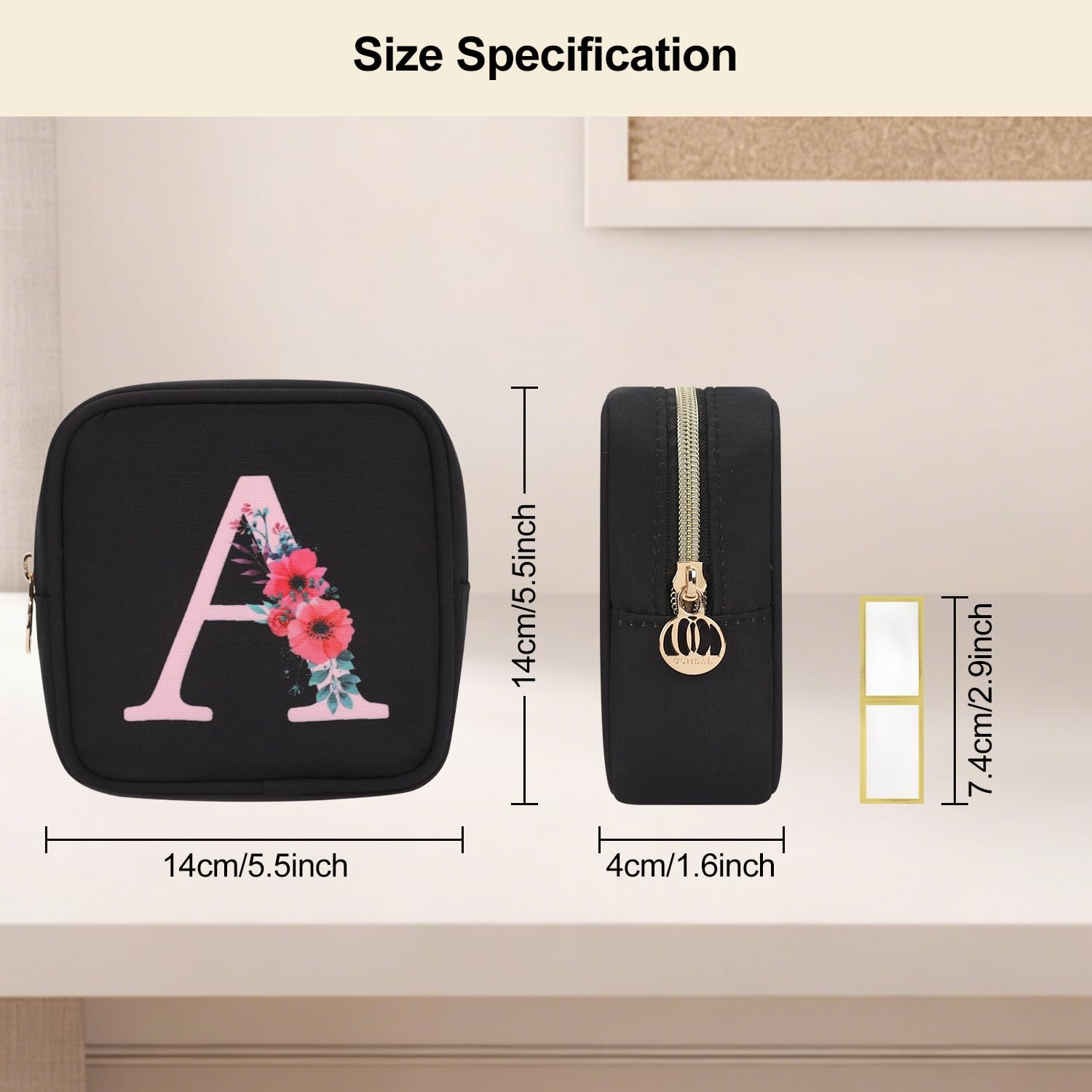 Relavel Initial Small Makeup Bag for Purse, Personalized Gifts for Women Girls Travel Cosmetic Pouch with Card Slot, Mini Lipstick Pouch with Removable Handle, Portable Skincare Bag for Daily, Black O