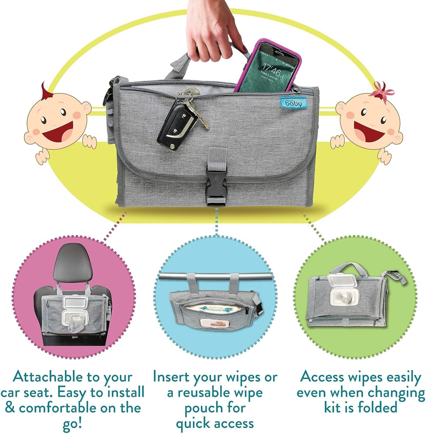 Baby Portable Diaper Changing Pad - Baby Diaper Changer Travel Bag with Wipes Pocket, Smart Design Portable Changing Mat, Infant Travel Station Kit, Gift for Newborn Girl & Boy - Grey, Classic image number 3