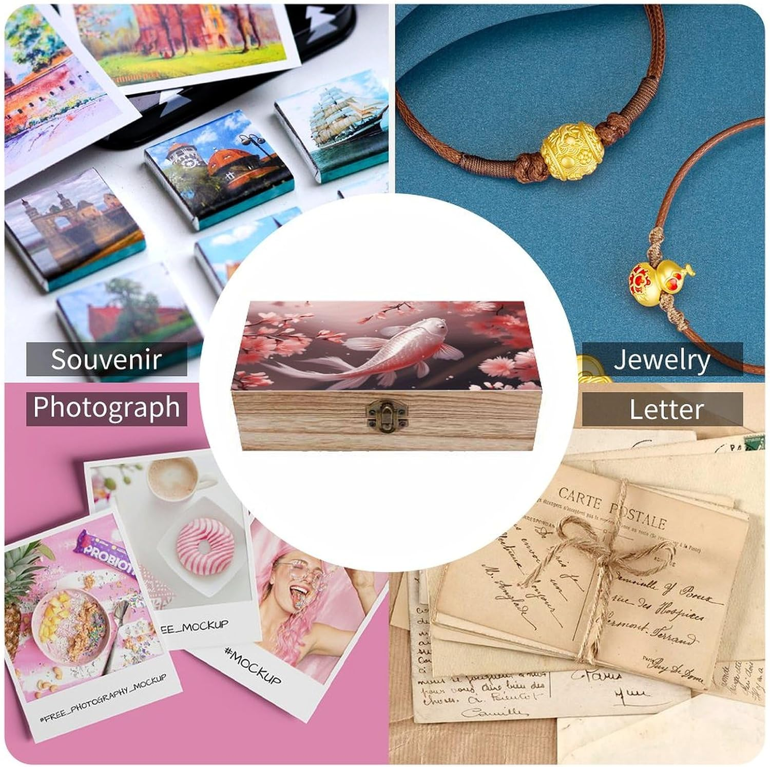 Red Carp Wooden Box Wood Wedding Keepsake Boxes with Lids Small Decorative Boxes Lightweight Wooden Memory Storage Box for Crafts Keepsakes Jewelry Photo Letter Storage image number 5