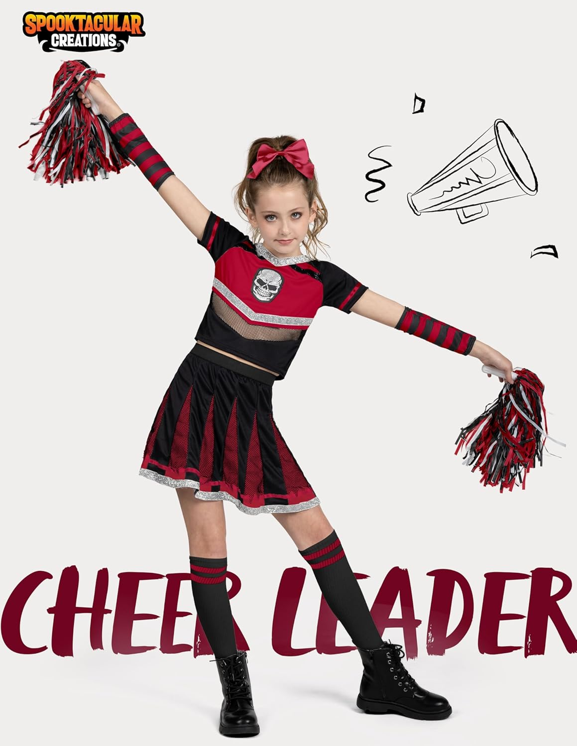 Spooktacular Creations Halloween Cheerleader Costume Girls, Bad Spirit Costume for Kids, Skull Scary Outfit with Accessories image number 6