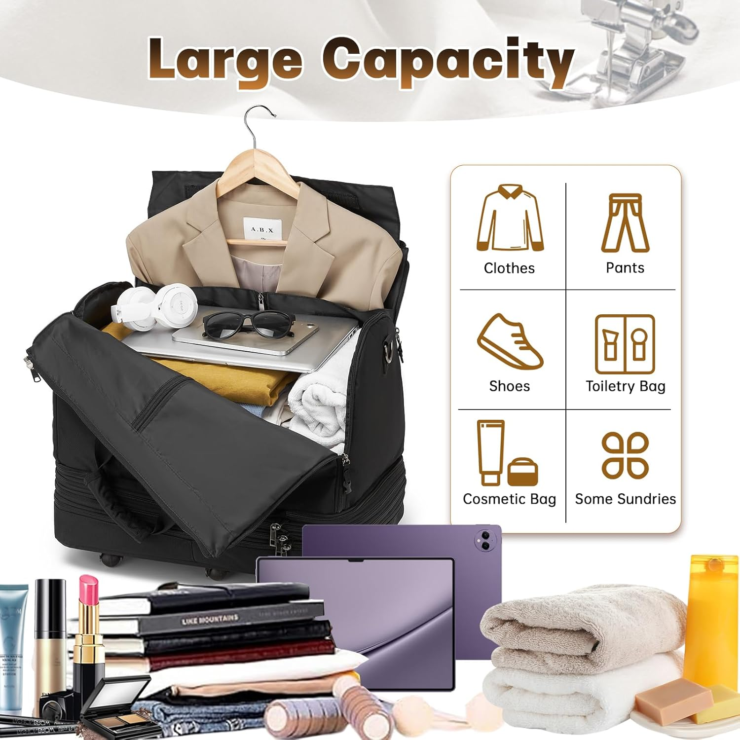 Collapsible Rolling Garment Bags, Large Rolling Duffle Bag with Wheels Convertible Travel Garment Bag for Men Women Carry on Garment Bag for Travel Suitcase Suit Business Travel Bag, Black image number 1