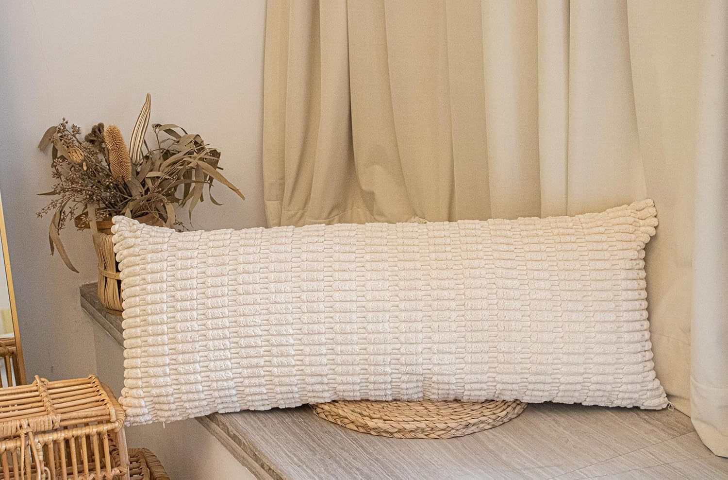 Textured Corduroy Lumbar Pillow Cover 14 X 36 Inch, Neutral Beige Decorative Chic Cozy Long Pillow Cover Soft Luxurious Pillow Case Home Decor for Sofa Bed Room Livingroom image number 6
