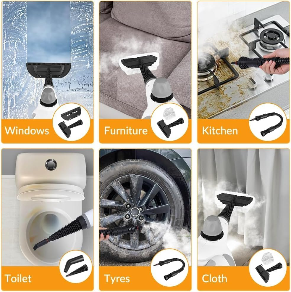 HOMIEST Handheld Pressurized Steam Cleaner with 12 Pcs Accessories, Portable Steamer for Cleaning, Steam Cleaner for Home Use, Cleaning Car, Furniture, Floor, Upholstery, Grout and Tile, Gray image number 5