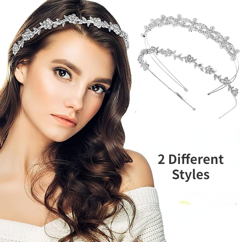 2 Pieces Rhinestone Bridal Crystal Women'S Headband Wedding Flower Girl Pearl Diamond Slim Thin Silver Flower Leaves Crown Hair Band Accessories Headpiece Tiara for Bride Bridesmaids image number 5