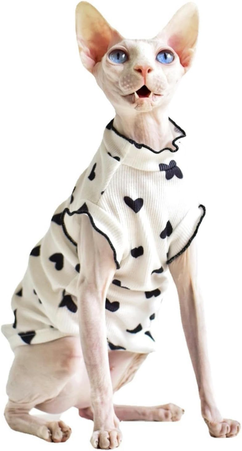 IUOUTG Sphynx Hairless Cats Shirt Soft Cotton Kitten T-Shirts Summer Lightweight Cat Clothes round Collar Cat Pullover Vest with Heart Pattern Cute Pet Pajamas for Cat and Small Dogs image number 1