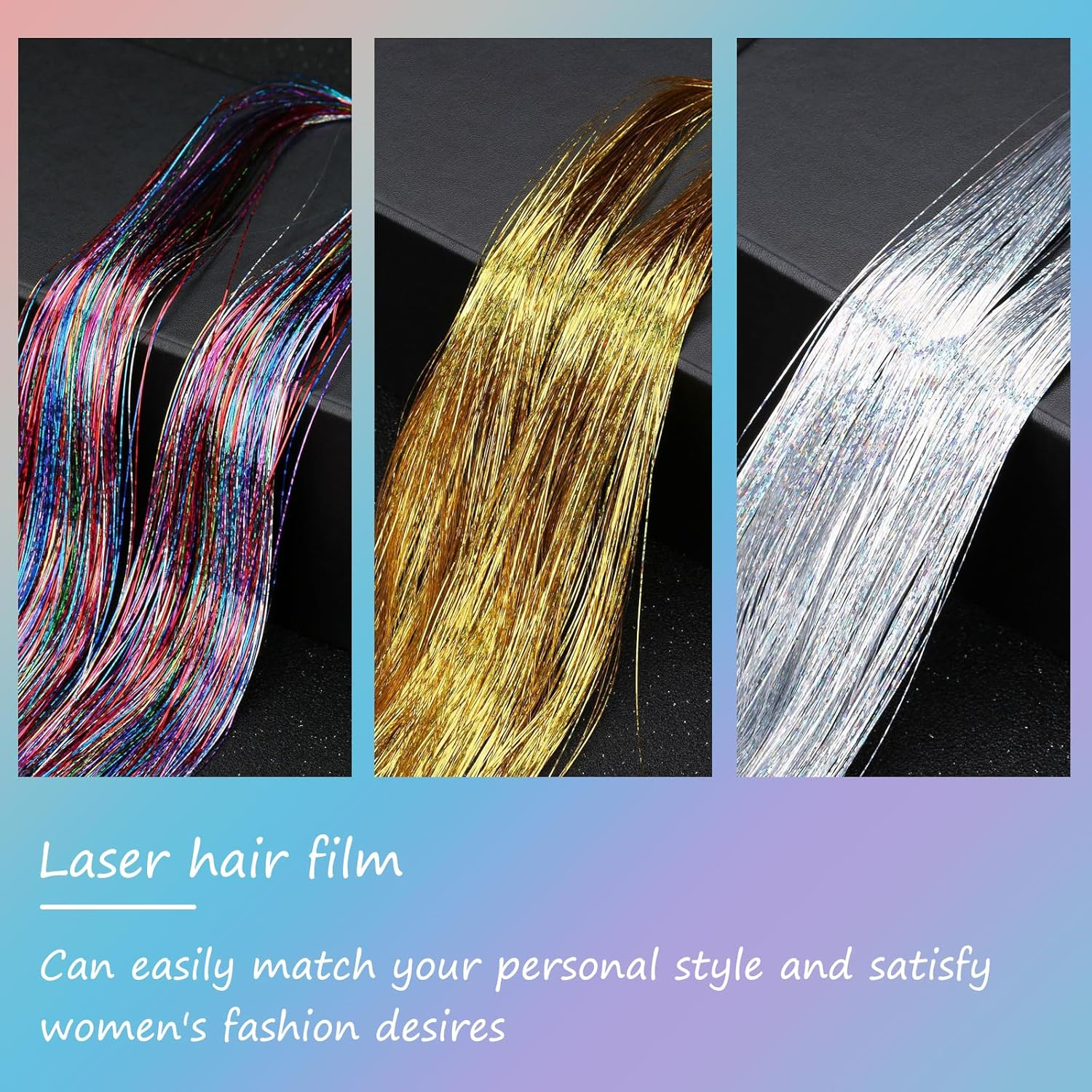 DHWEKU Hair Tinsel Strands 3 Colours Hair Tinsel Extensions, Hair Tinsel Strands Kit Hair Tinsel Hair Tinsel Strands Hair Strands, 120 Cm Strands Straight Long Hairpiece Accessories for Girls Women image number 1