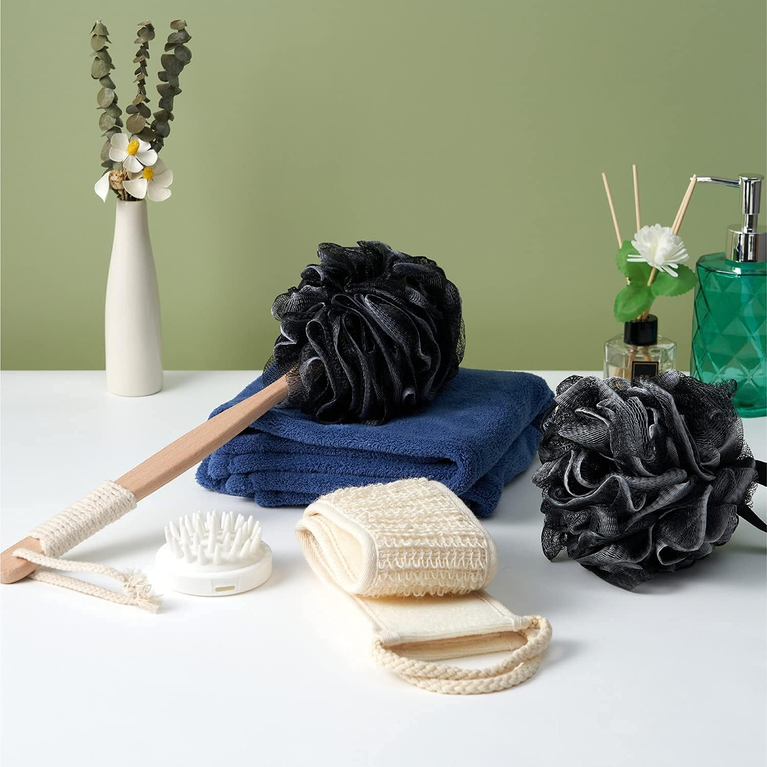 Back Scrubber with Bamboo Charcoal,Includes 1 Long Handled Shower Sponge,1 Loofah Back Scrubber, 1 Bath & Shower Luffa Pouf,1 Silicone Scalp Massager & 4 Hook.Deep Clean & Vitalize Your Skin. image number 1