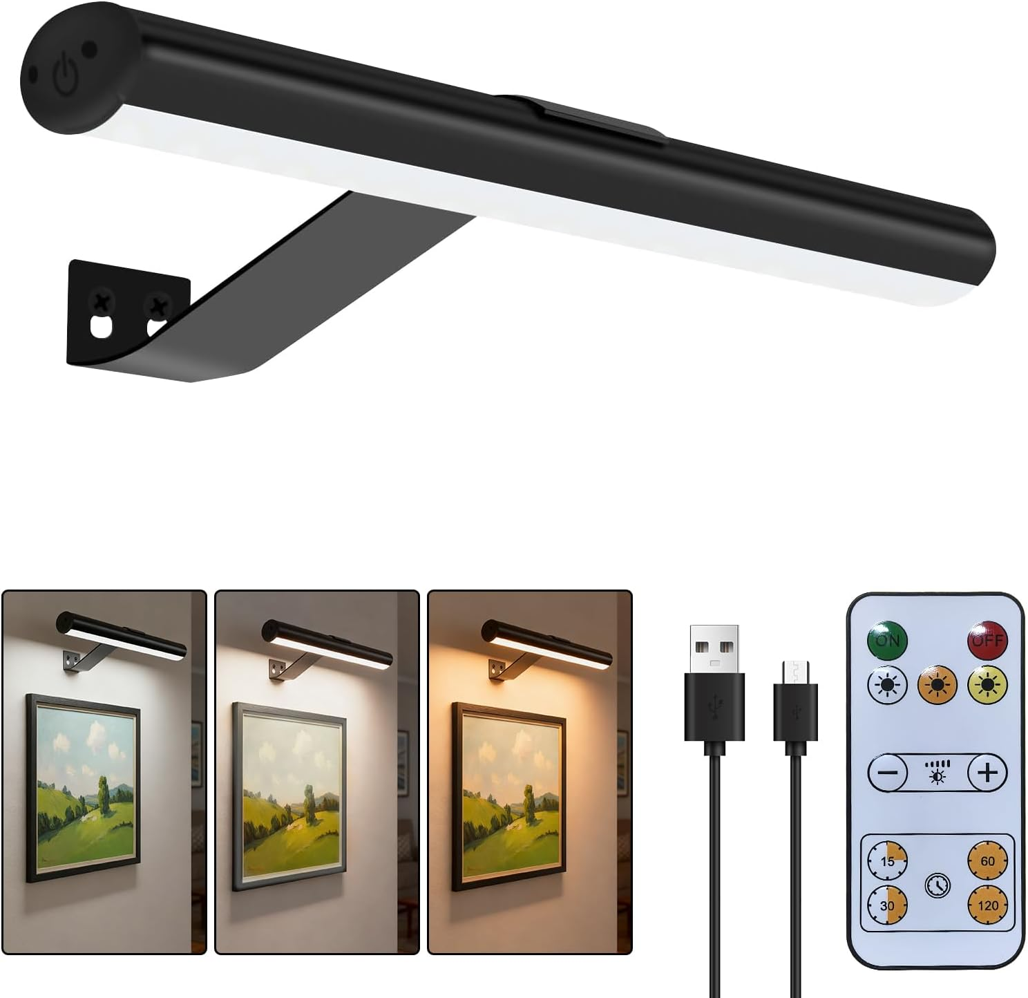 16-Inch Picture Lights,Rechargeable Wall Light with Remote, Wireless Dimmable Art Display Lamp with Timer Painting Frame Light for Wall Pictures, Frames, Gallery, Dartboard (Gold)