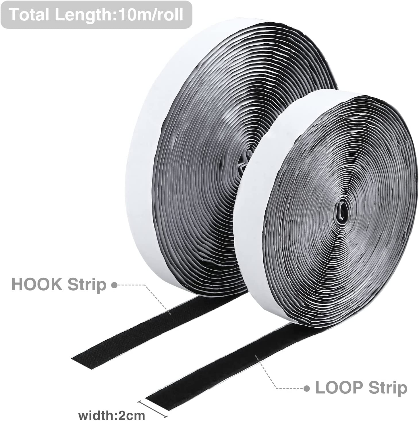 GWHOLE 2 Roll Self Adhesive Hook and Loop Fastener Tape Strips Tape Double Sided Sticky Back Strip Roll Fastening Mounting Tape, Total Length 32Ft (10M), Width 2 Cm - Black