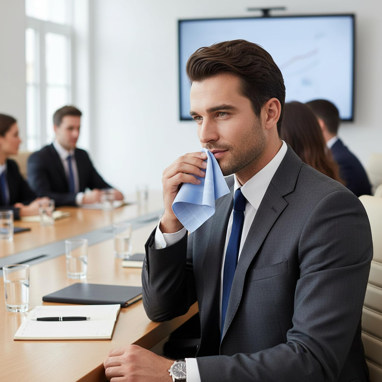 Men&rsquo;S Handkerchiefs Soft Cotton Blue Stripe Pocket Square, (15.7 X 15.7 In) Reusable Environmentally Friendly Hanky, Classic Men Accessory Compatible with Suit Front Pocket &ndash; Durable Gentle Fabric