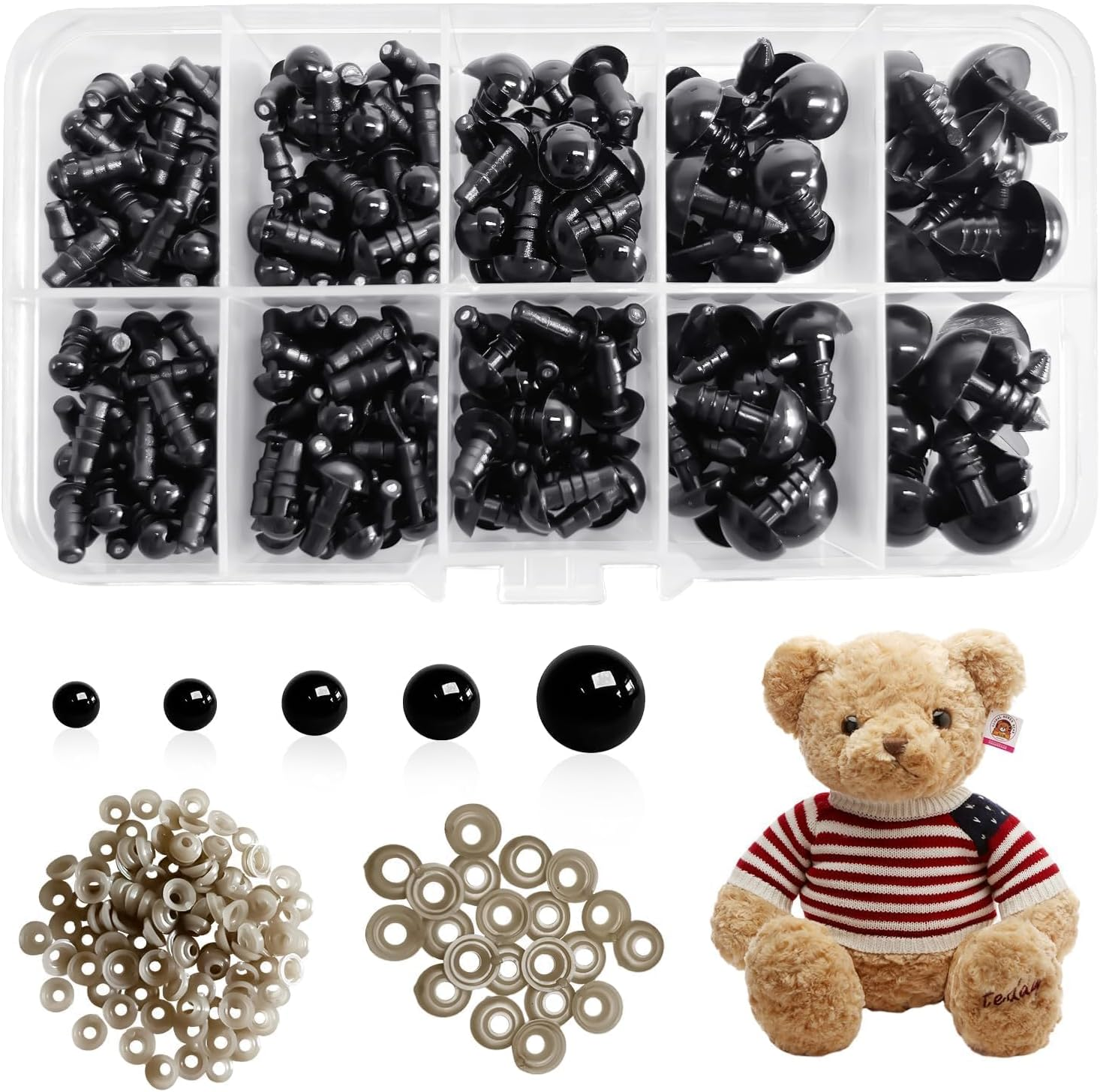200Pcs Safety Eyes,Funcyboo Craft Eyes Crochet Eyes Assorted Sizes Plastic Doll Eyes Stuffed Animal Eyes Kit with Washers for Amigurumi DIY 5 6 8 10 12 Mm Black Safety Eyes. image number 1