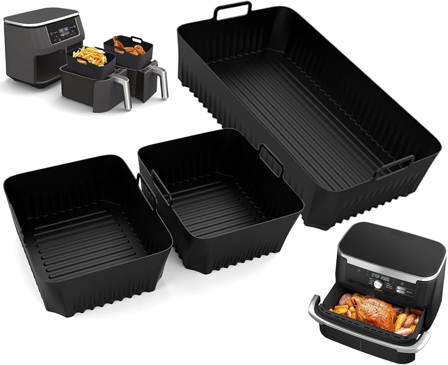 3-Pack Silicone Liners for Ninja Flexi Drawer Air Fryer, Reusable Liners for 1X10.4L+2X5.2L, Silicone Inserts for AF500UK and Ninja Foodi Max XXXL Dual Zone