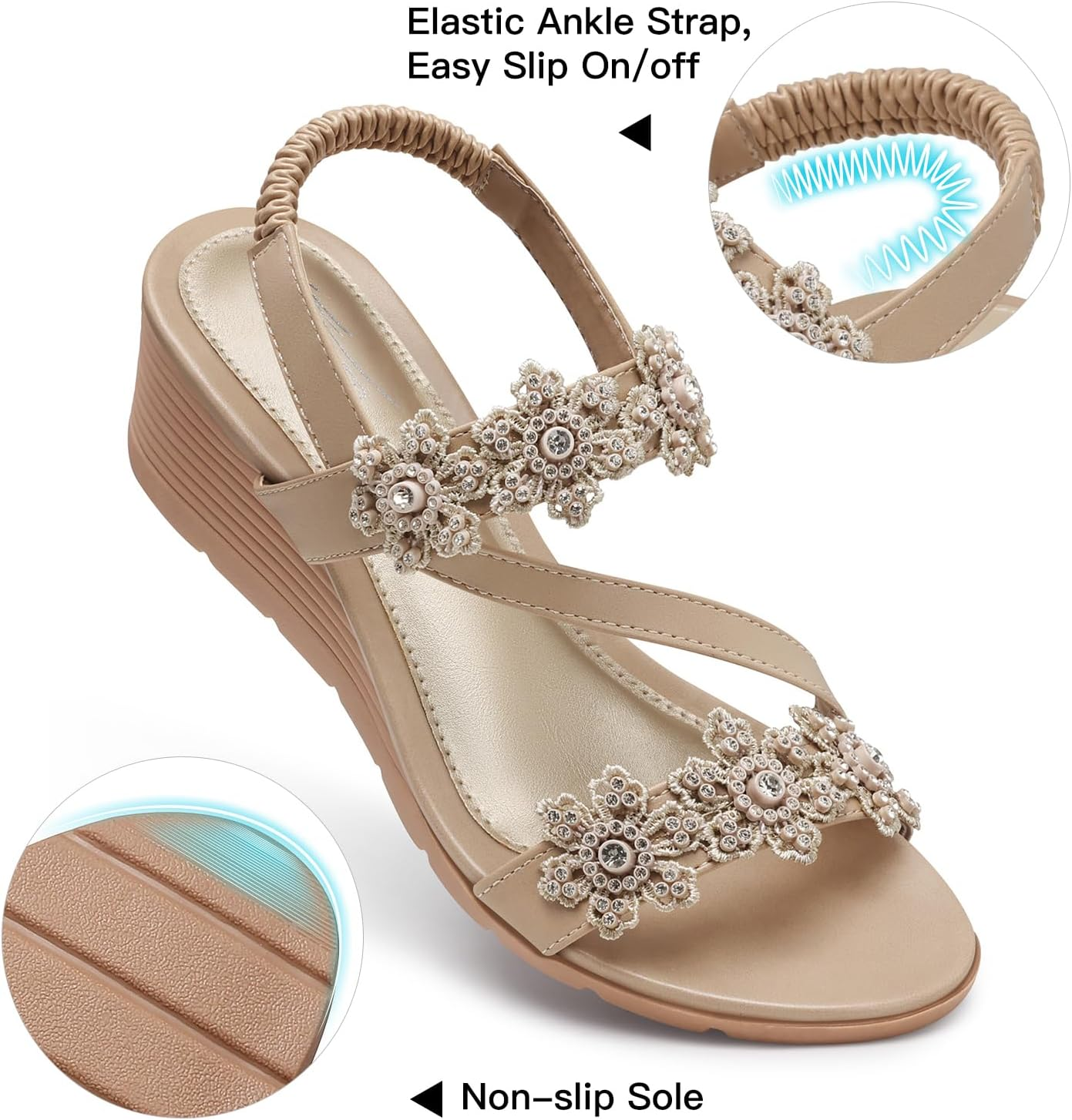 SHIBEVER Womens Sandals Wedge Summer: Elastic Ankle Strap Open Toe Wedge Sandal - Dressy Sandals Women - Comfortable Flower Bohemia image number 4