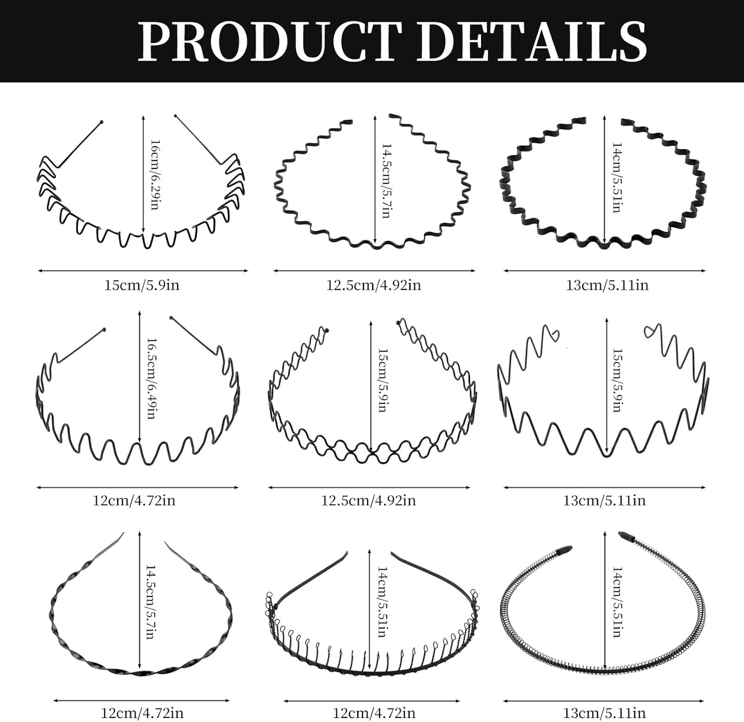 Metal Hair Band 9 Pcs, Unisex Black Headband, Adjustable Wavy Headband & Squiggle Headband, Non Slip Metal Head Band for Sports, Washing Face & Daily Wear, Hair Accessories and Gym Accessories for Men image number 1