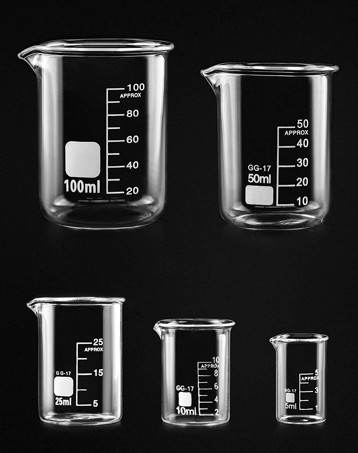 QWORK 5 Pcs Graduated Borosilicate Glass Beaker 5Ml 10Ml 25Ml 50Ml 100Ml Set for Science Lab Kitchen image number 4
