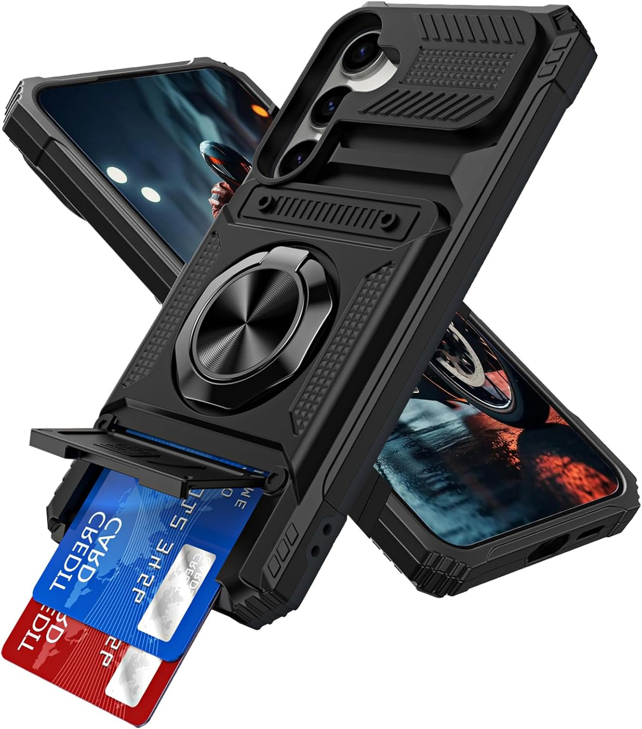 QIWEIQING Case for Samsung Galaxy S25 FE, Military-Grade Shockproof Built-In Kickstand Phone Case Slide Camera Removable Card Holder Anti-Scratch Rugged Bumper Cover for Samsung S25 FE. Black LM