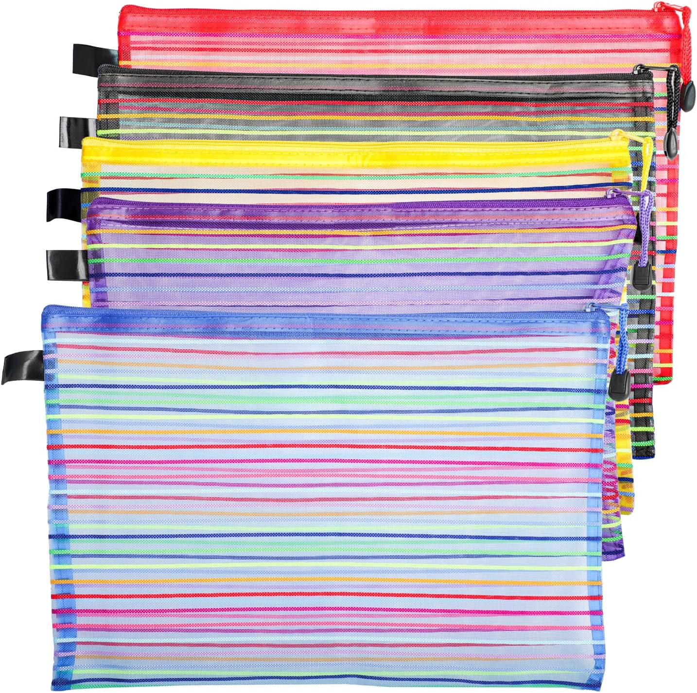 Set of 6 A4 Zipper Mesh Pouch Wallets, Snap Closure Folders for Office Supplies, Cosmetics, and Travel Accessories in 6 Vibrant Colors (Yellow, Green, Blue, Purple, Black, Red) image number 3