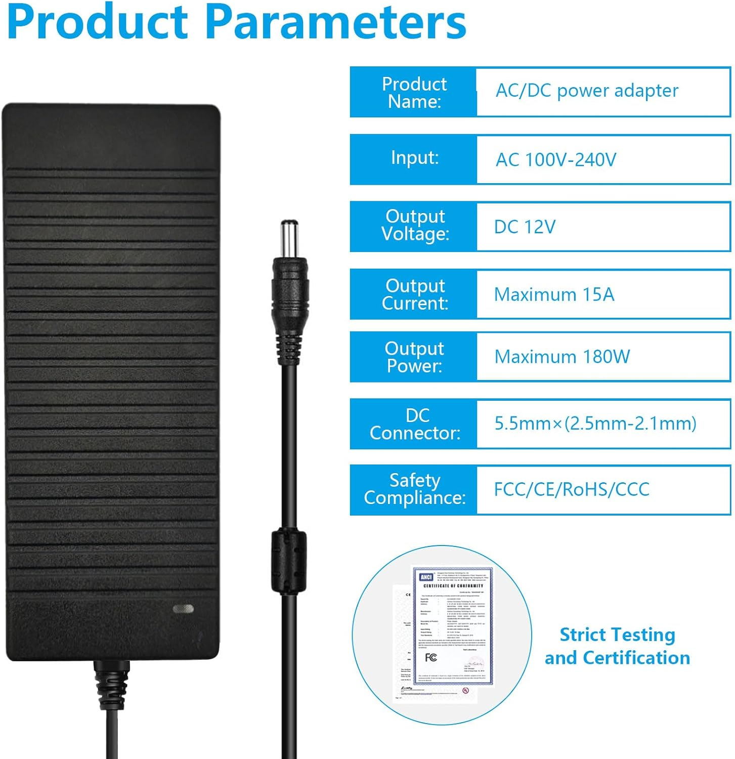 AC to DC Converter 180W 12V 15A Universal Power Supply Adapter, 15A/180W AC to DC Converter Transformer 12V with 5.5X2.5Mm DC Output for LED Strip, CCTV Cameras, Light, Low Voltage Devices image number 3