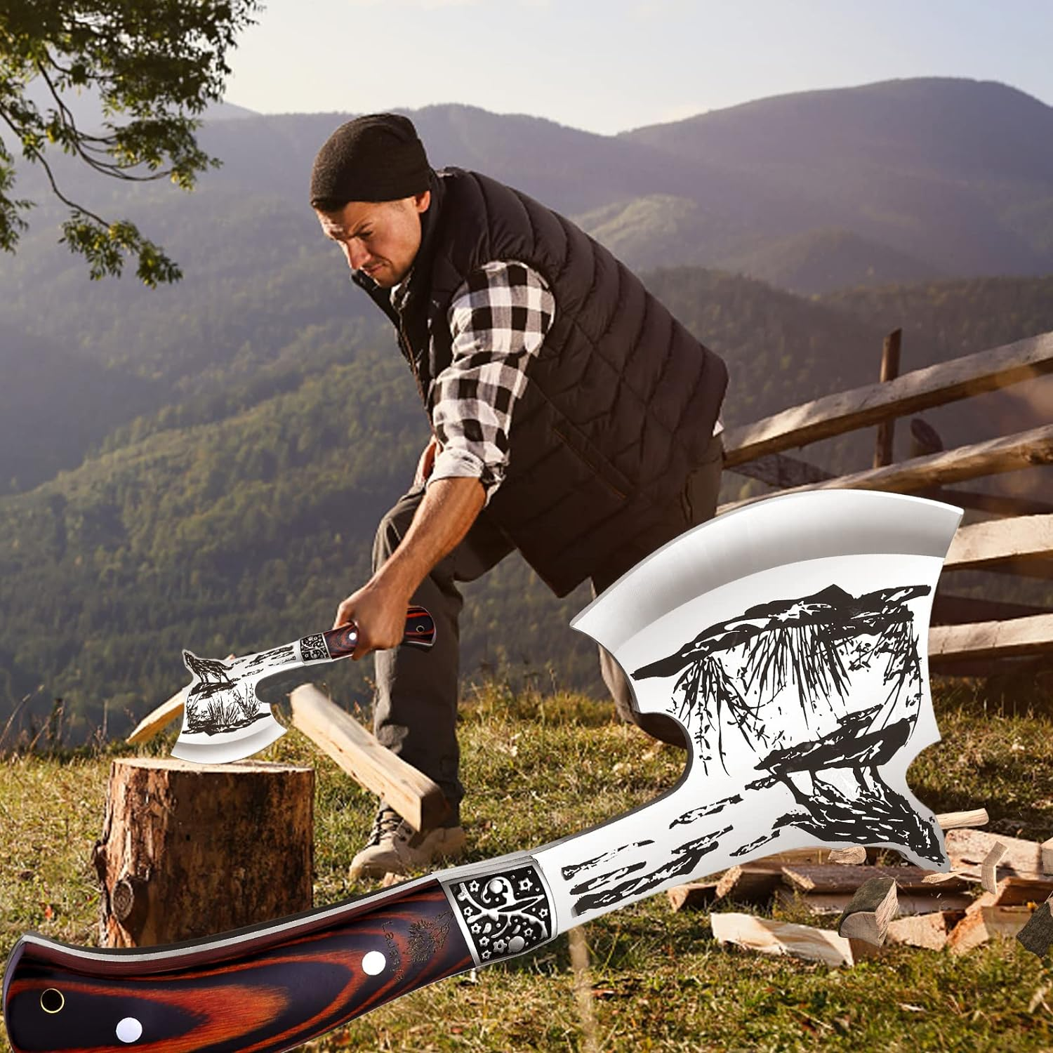 Survival Axe，Multitool Axe Set, Large Camping Axe with Hammer Whistle Compass Sheath Knife, 8 in 1 with Survival Hammer, Mutifunctional Survival Equipment for Hiking,Hunting,Camping, Bushcrafting image number 2