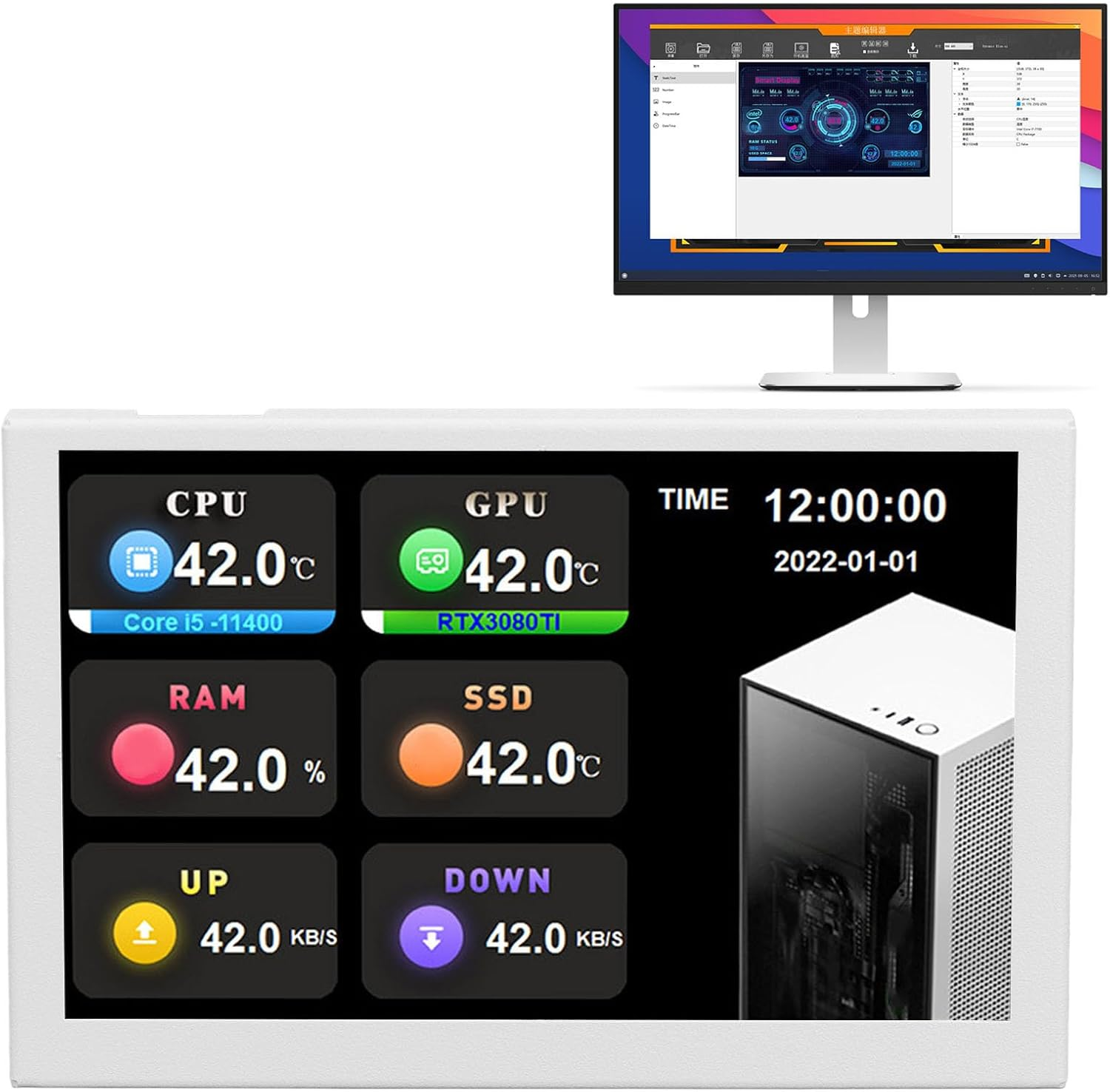 IPS USB Mini Screen, 12.7Cm Temperature Display Monitor, 800X480 Resolution, Aluminium Alloy, White, Type C Interface