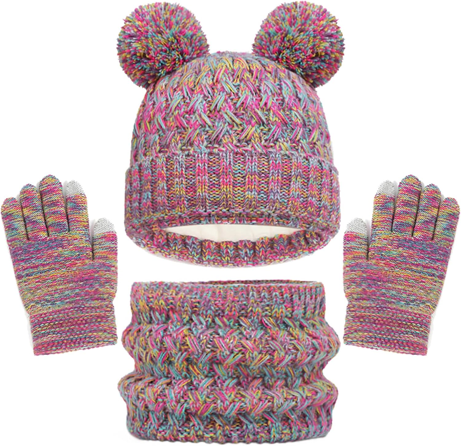 Kids Winter Beanie Hat Scarf and Touchscreen Gloves Set,Fleece Lining Beanie Hat Knit Gloves Neck Warmer for Children 2-8 image number 3