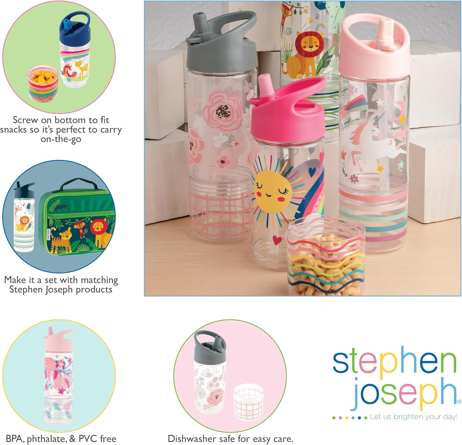 Stephen Joseph SIP and Snack Sloth Bottle Combo Bottle 350Ml + Snack Cup 104Ml, 2.5&rdquo;X 8.25&rdquo; (6.3Cm X 2Cm), Pink image number 2
