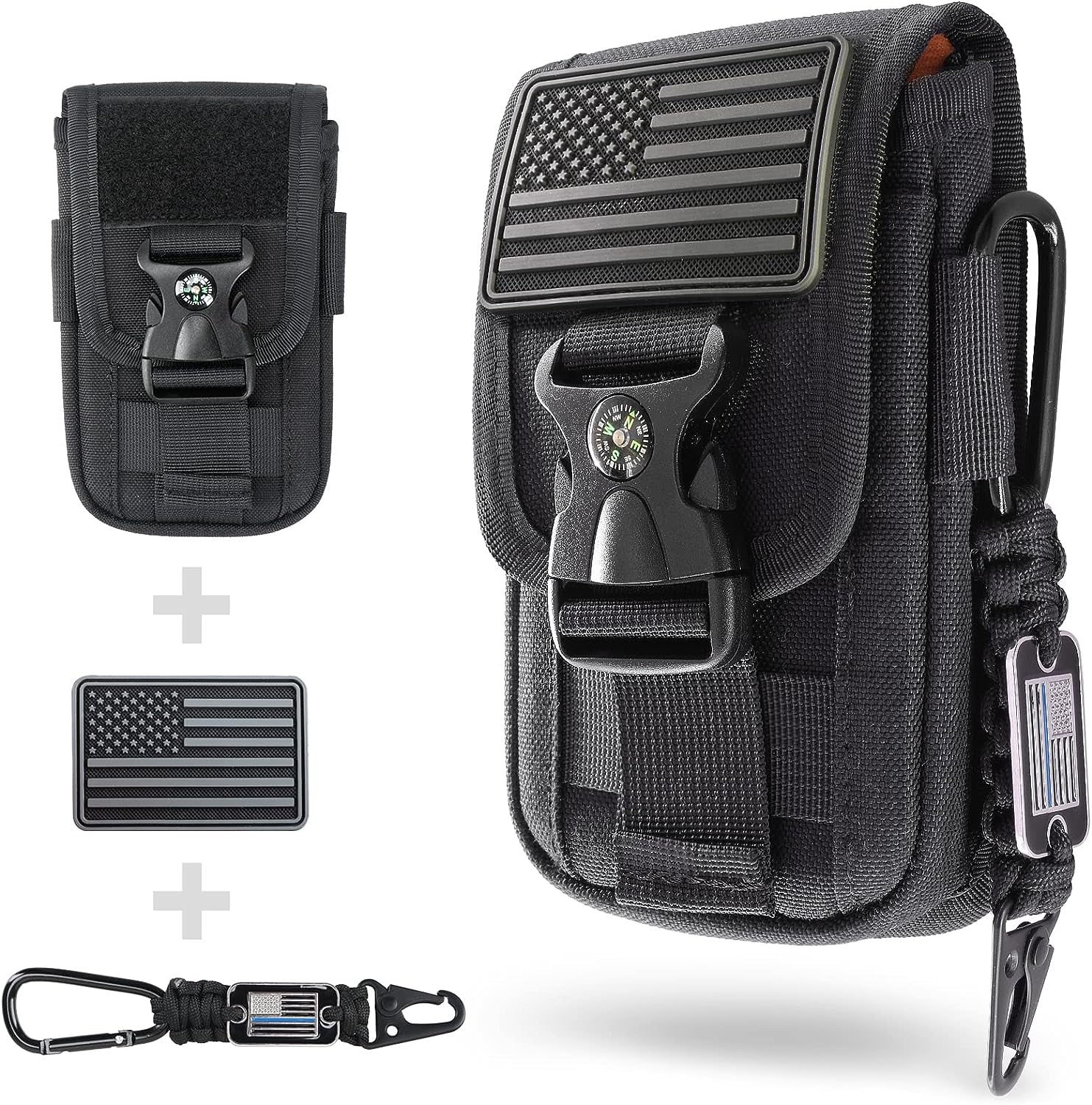 WYNEX Tactical Molle Phone Pouch with Compass Buckle, Tactical Phone Holster Molle Cell Phone Pouch Universal Belt Waist Bag for IP 15/14/13 Pro Max / S22/S21 with US Patch & Paracord Keyring Clip