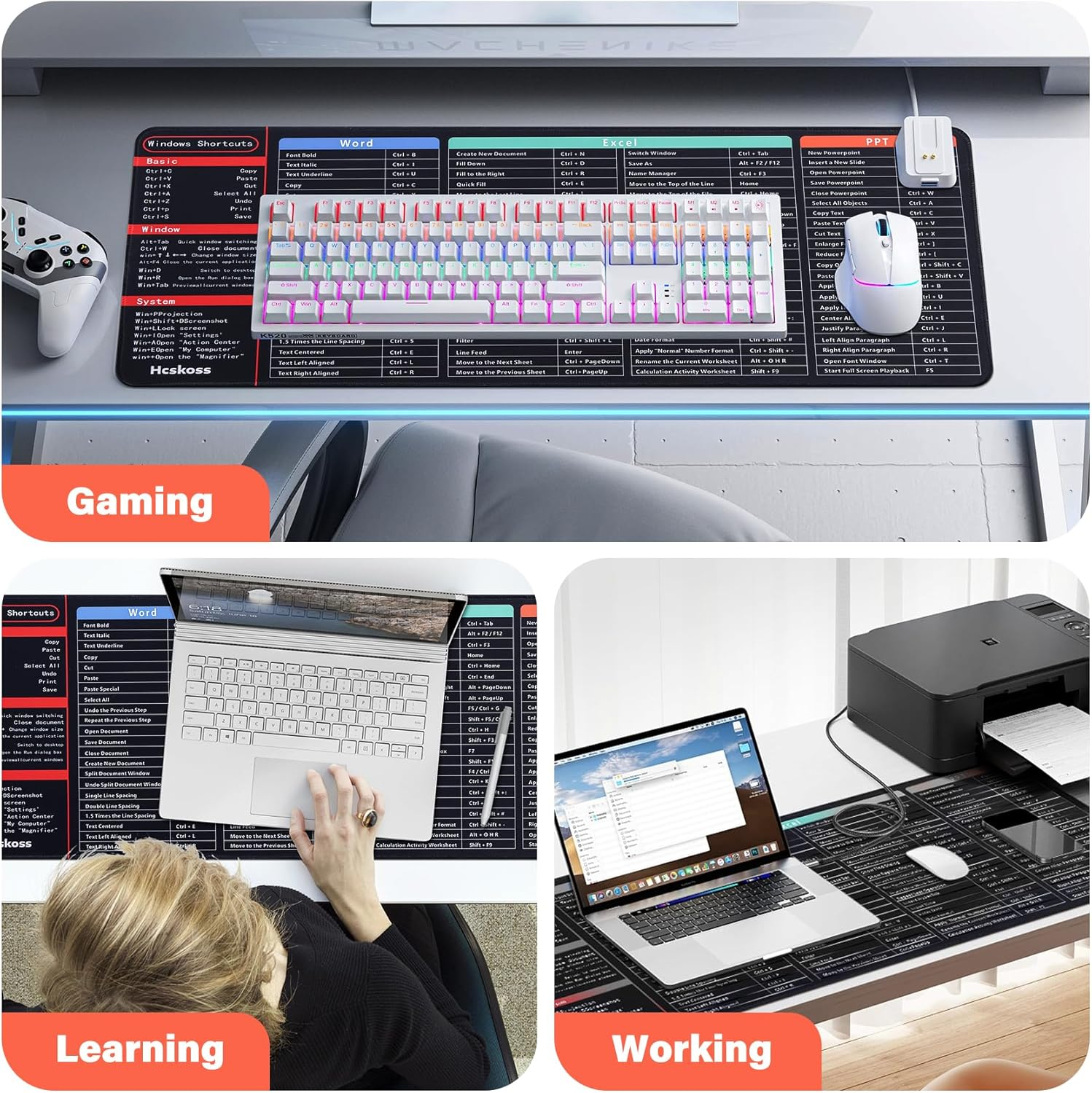 Excel Shortcut Keys Mouse Pad Exel Cheat Sheet Desk Mat 80X30Cm Large Cheat Sheet Mousepad PC Office Spreadsheet Keyboard Mat Non Slip Rubber Base Stitched Edge Mousepad image number 2